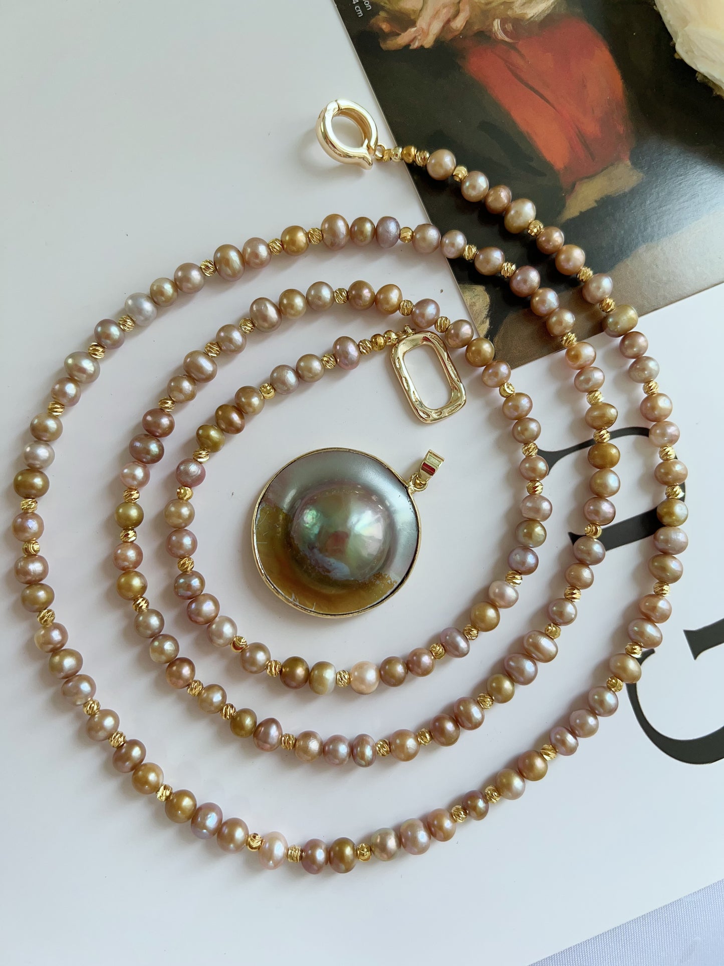 #PN1231 freshwater pearl necklace heart of the ocean long sweater necklace removable green-golden Mabe pearl pendant rare multiple way of wearing