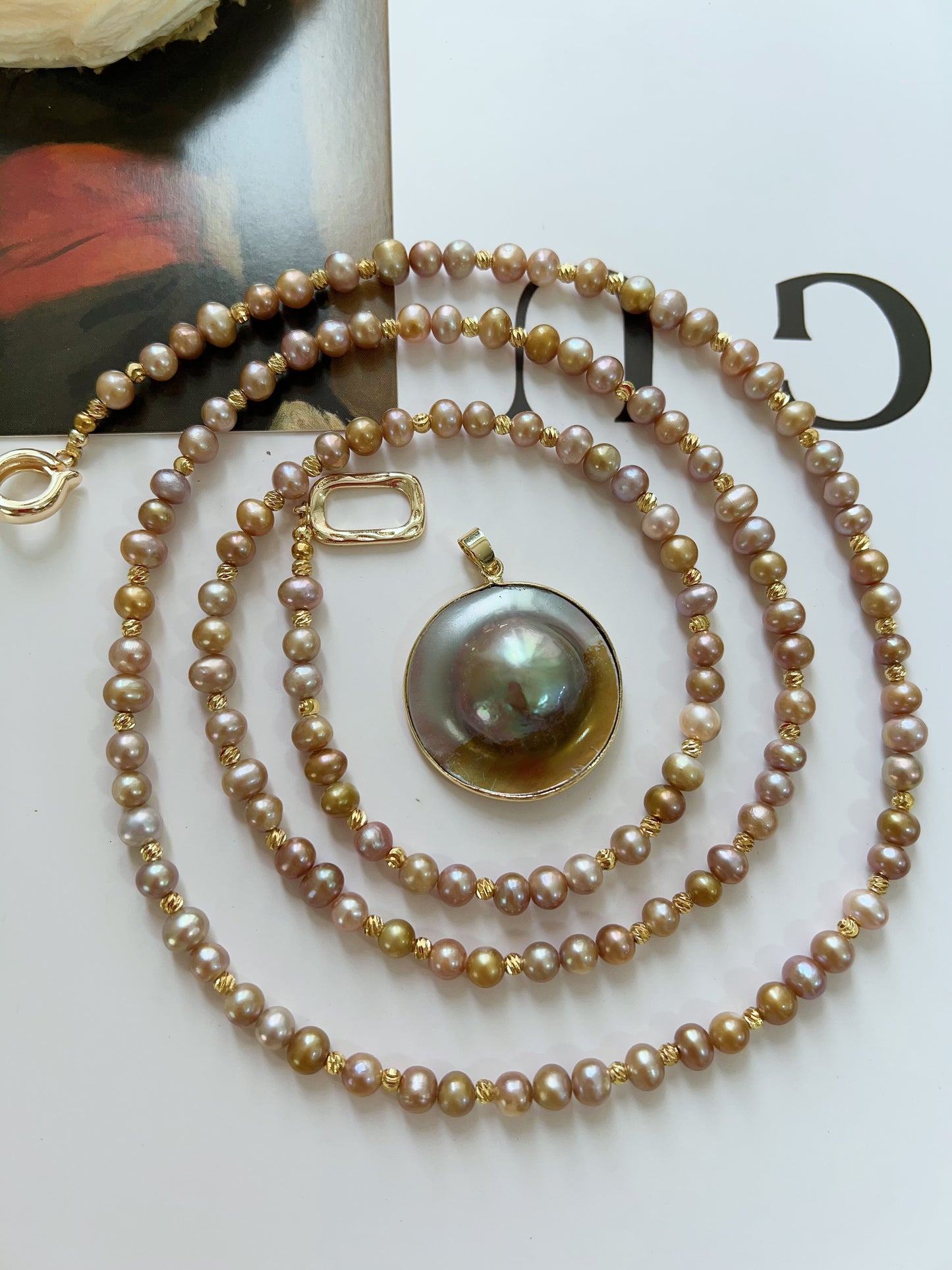 #PN1231 freshwater pearl necklace heart of the ocean long sweater necklace removable green-golden Mabe pearl pendant rare multiple way of wearing