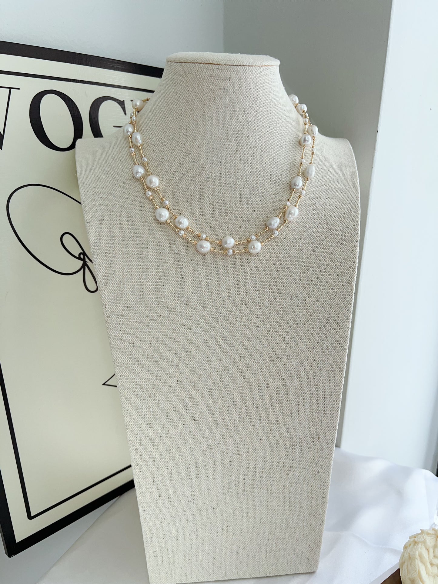 #PN1228 freshwater pearl necklace long sweater necklace stary sky design golden color oval shaped baroque pearl
