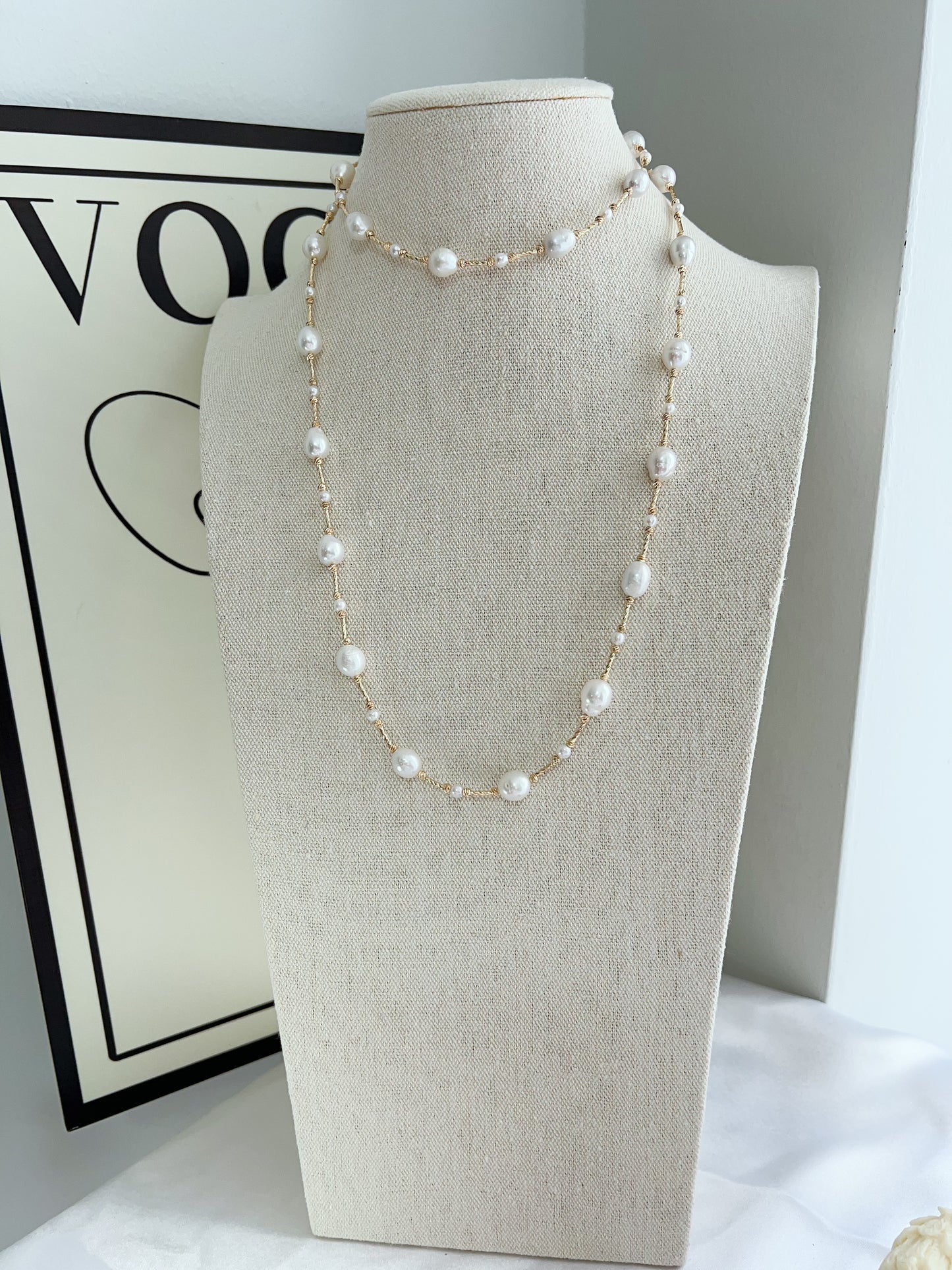 #PN1228 freshwater pearl necklace long sweater necklace stary sky design golden color oval shaped baroque pearl