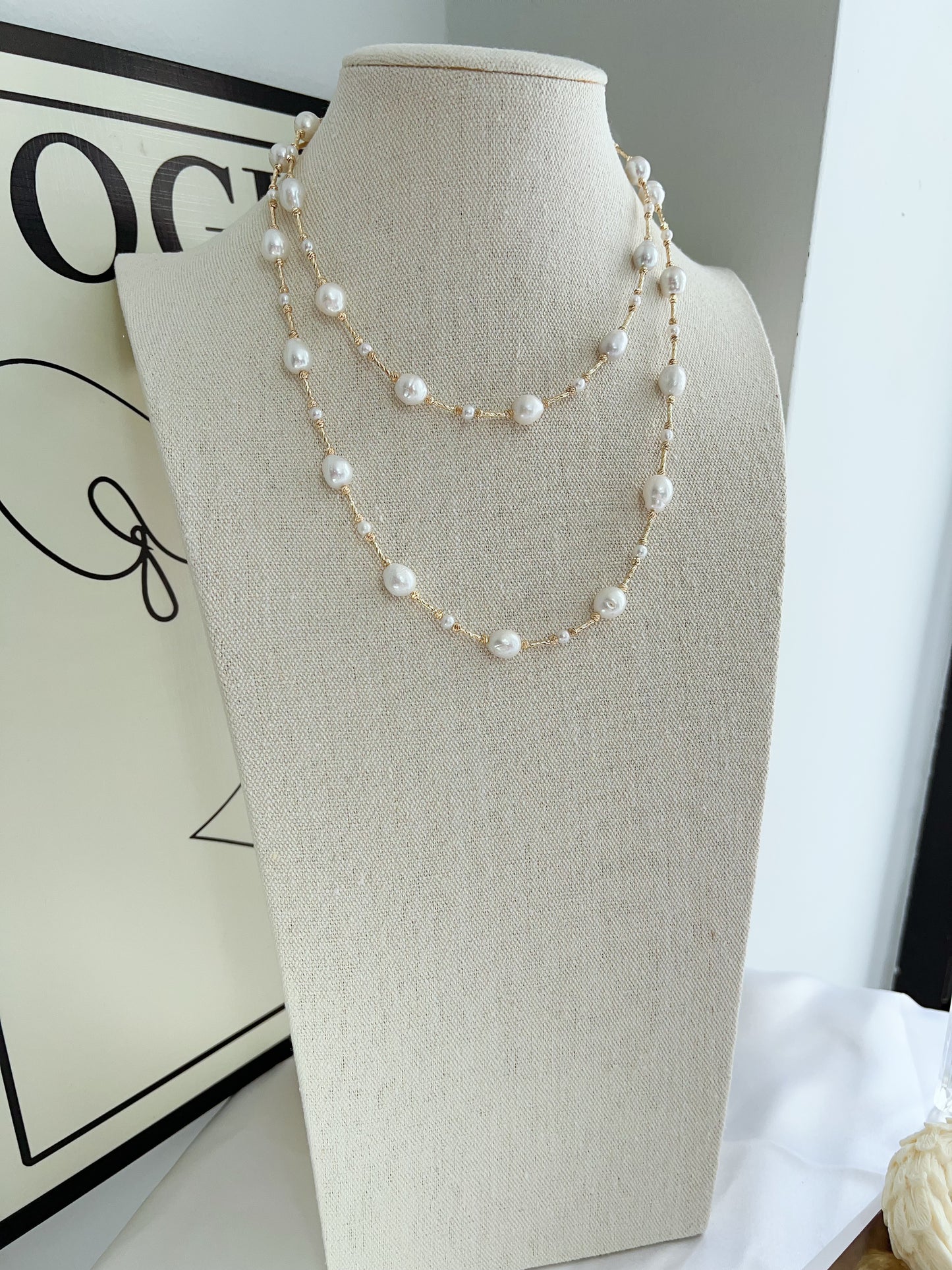 #PN1228 freshwater pearl necklace long sweater necklace stary sky design golden color oval shaped baroque pearl