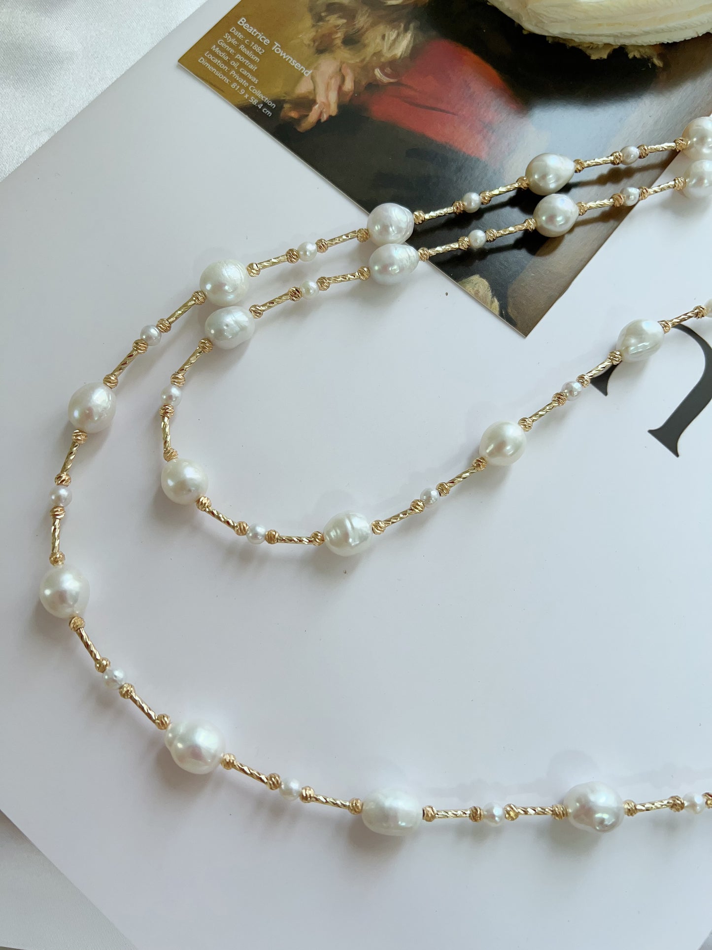 #PN1228 freshwater pearl necklace long sweater necklace stary sky design golden color oval shaped baroque pearl
