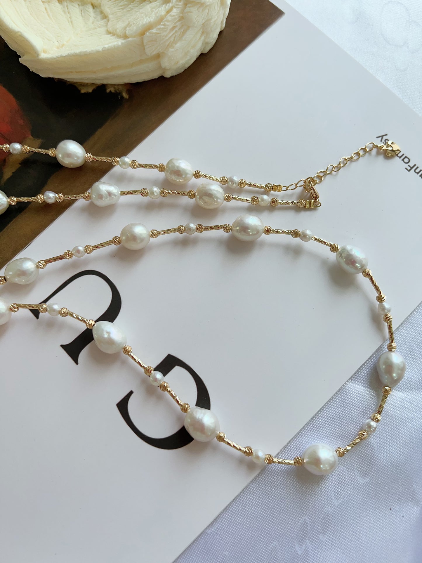 #PN1228 freshwater pearl necklace long sweater necklace stary sky design golden color oval shaped baroque pearl
