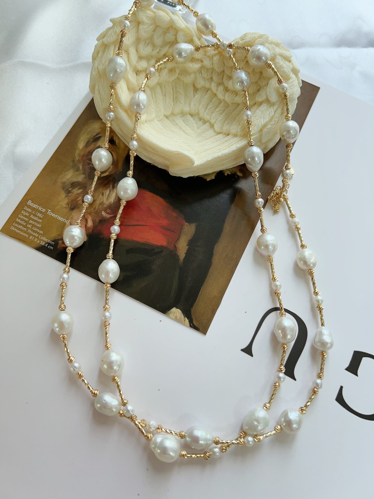 #PN1228 freshwater pearl necklace long sweater necklace stary sky design golden color oval shaped baroque pearl