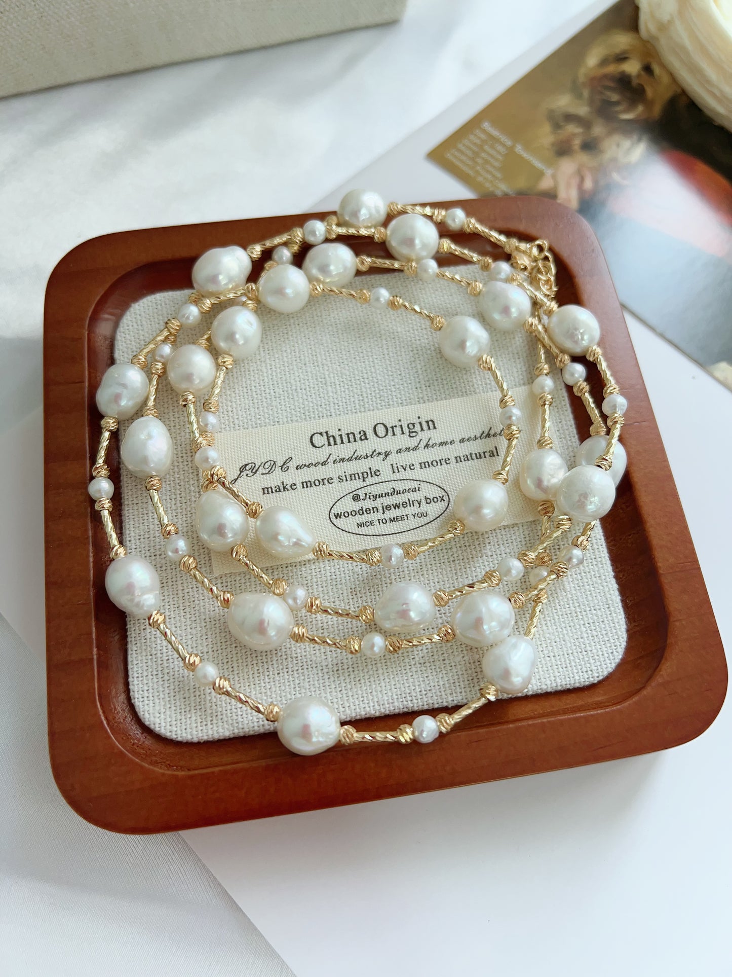 #PN1228 freshwater pearl necklace long sweater necklace stary sky design golden color oval shaped baroque pearl