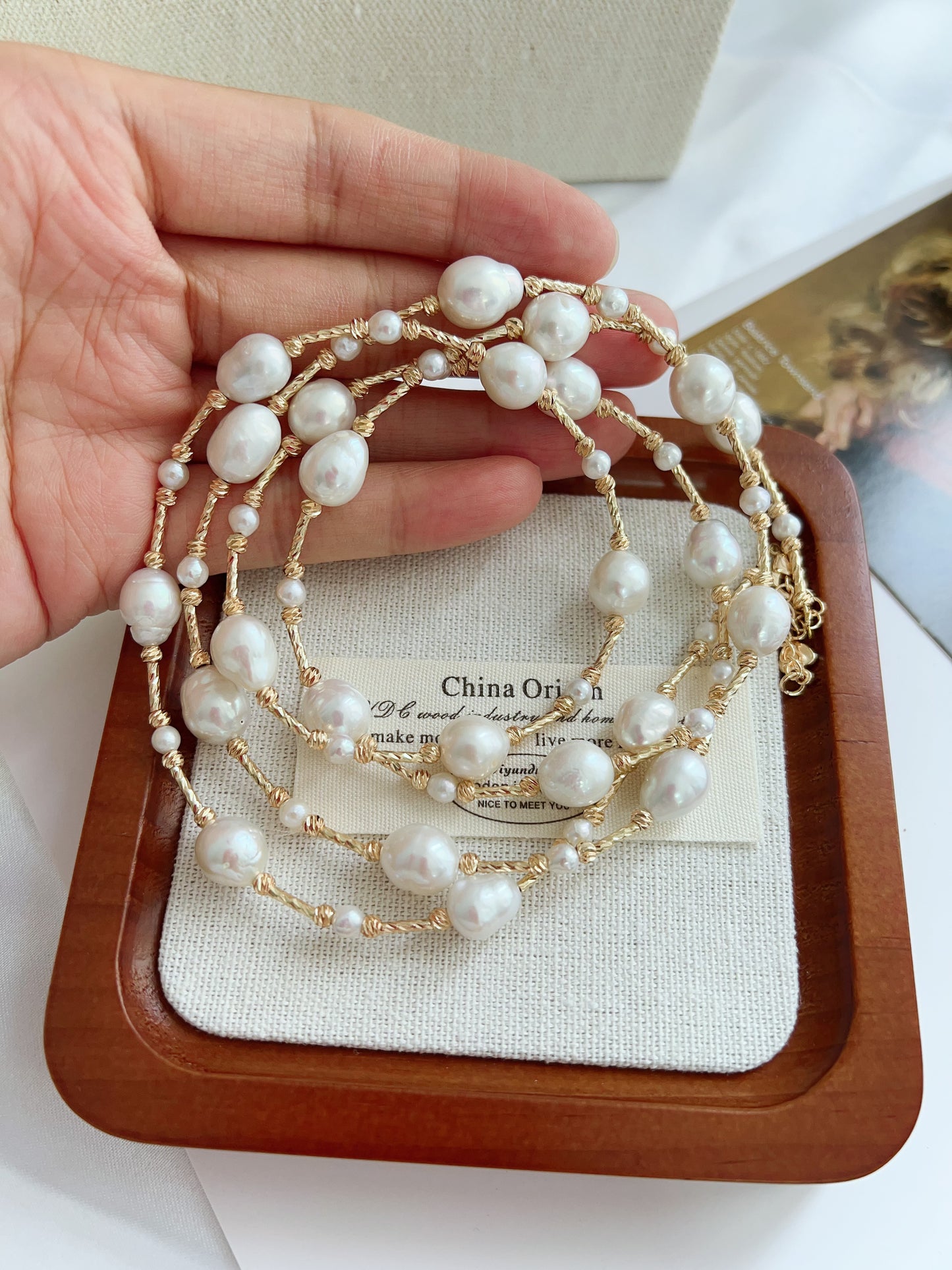 #PN1228 freshwater pearl necklace long sweater necklace stary sky design golden color oval shaped baroque pearl