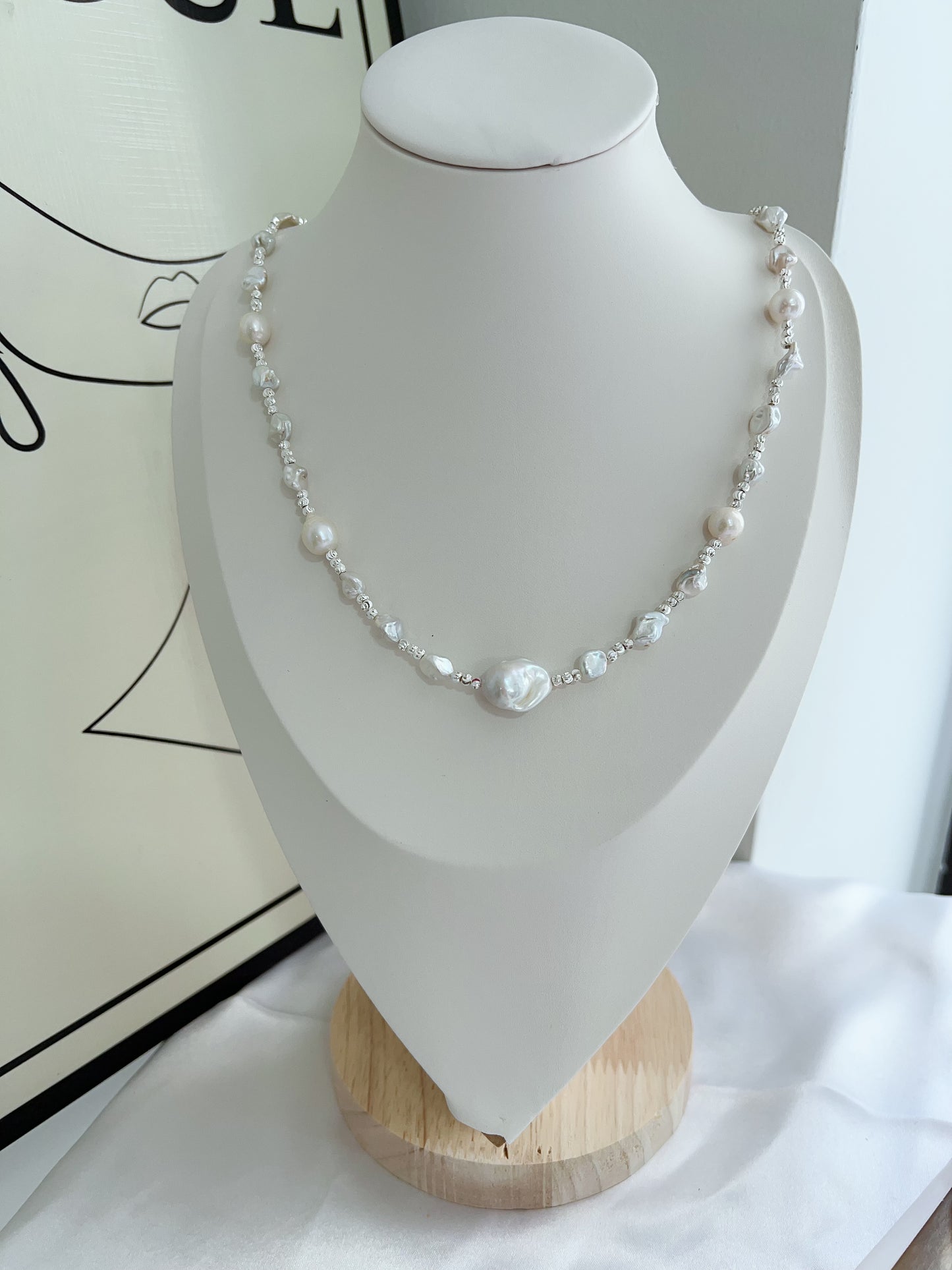#PN1225 freshwater pearl necklace white princess silver pearl stone fishtail baroque minimalism