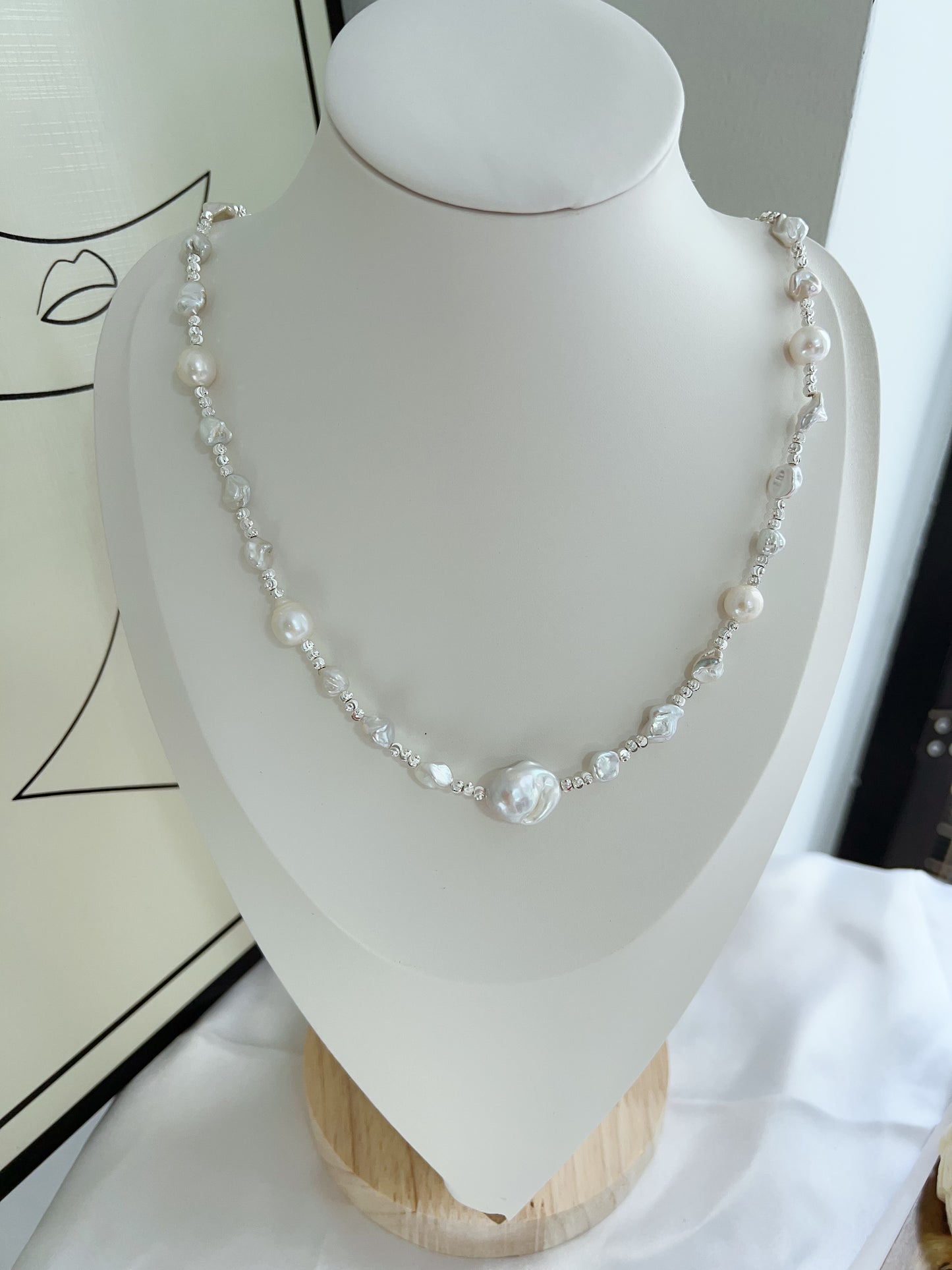 #PN1225 freshwater pearl necklace white princess silver pearl stone fishtail baroque minimalism