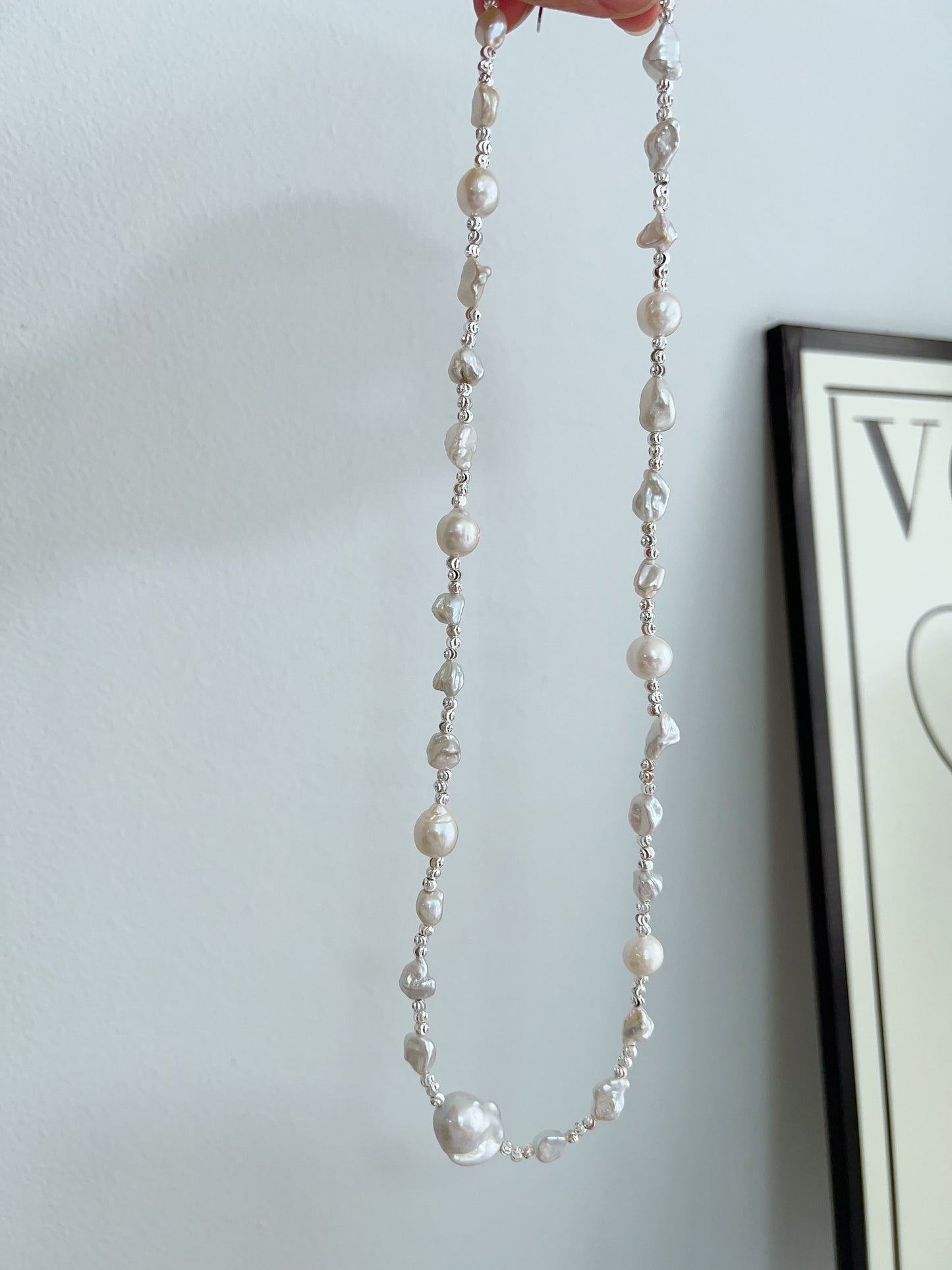 #PN1225 freshwater pearl necklace white princess silver pearl stone fishtail baroque minimalism