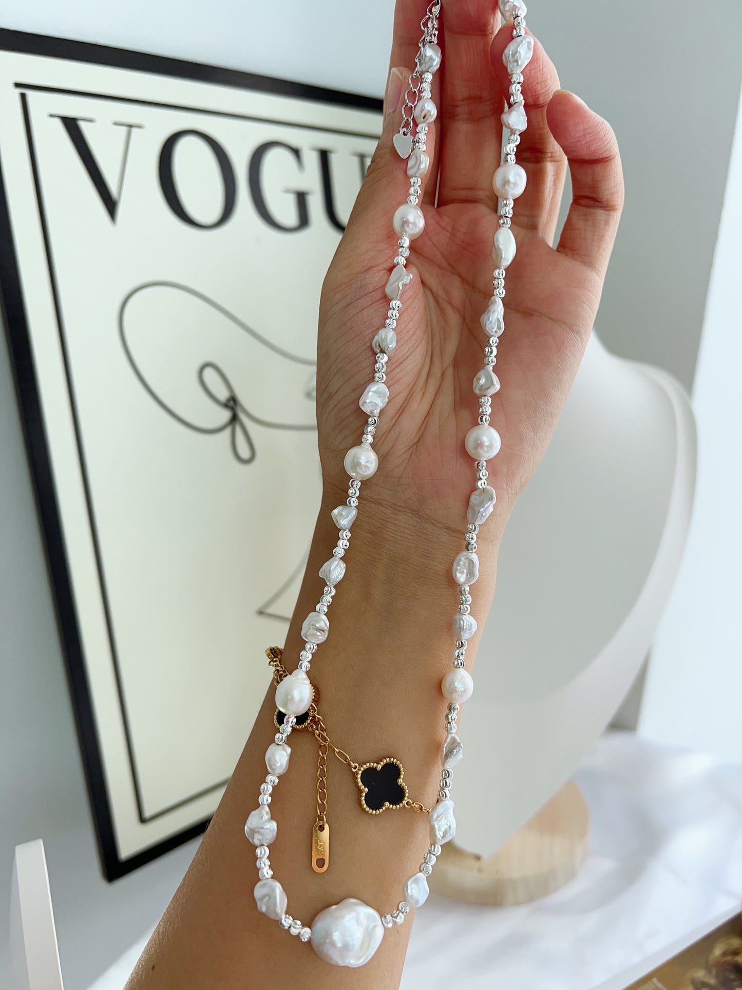 #PN1225 freshwater pearl necklace white princess silver pearl stone fishtail baroque minimalism