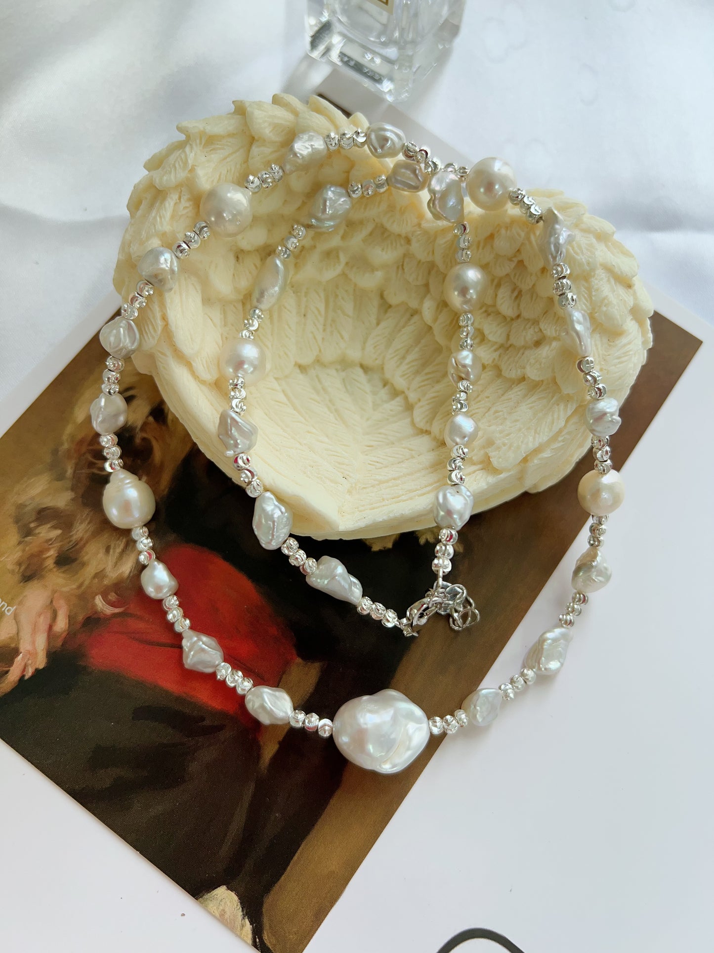 #PN1225 freshwater pearl necklace white princess silver pearl stone fishtail baroque minimalism