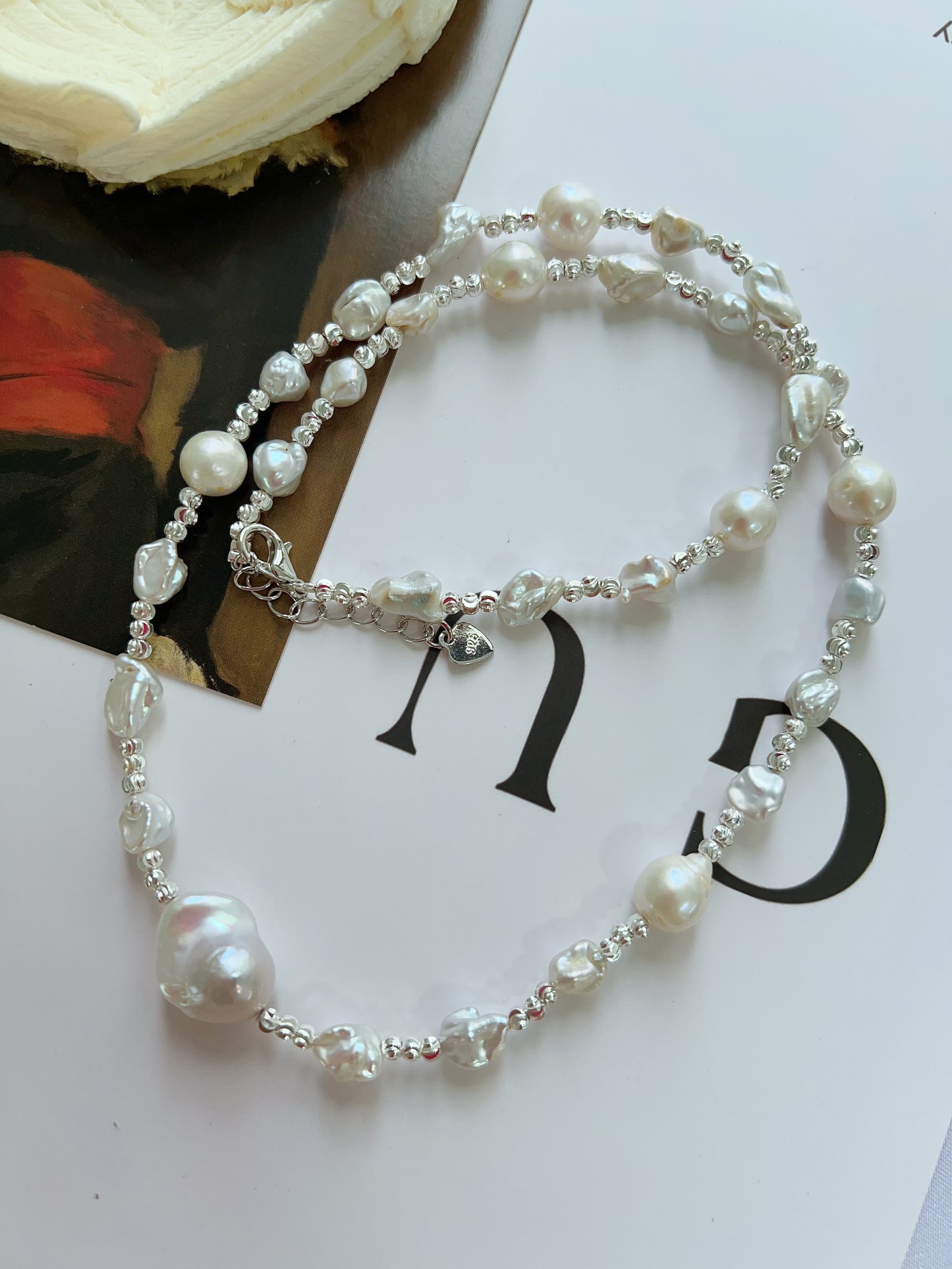 #PN1225 freshwater pearl necklace white princess silver pearl stone fishtail baroque minimalism
