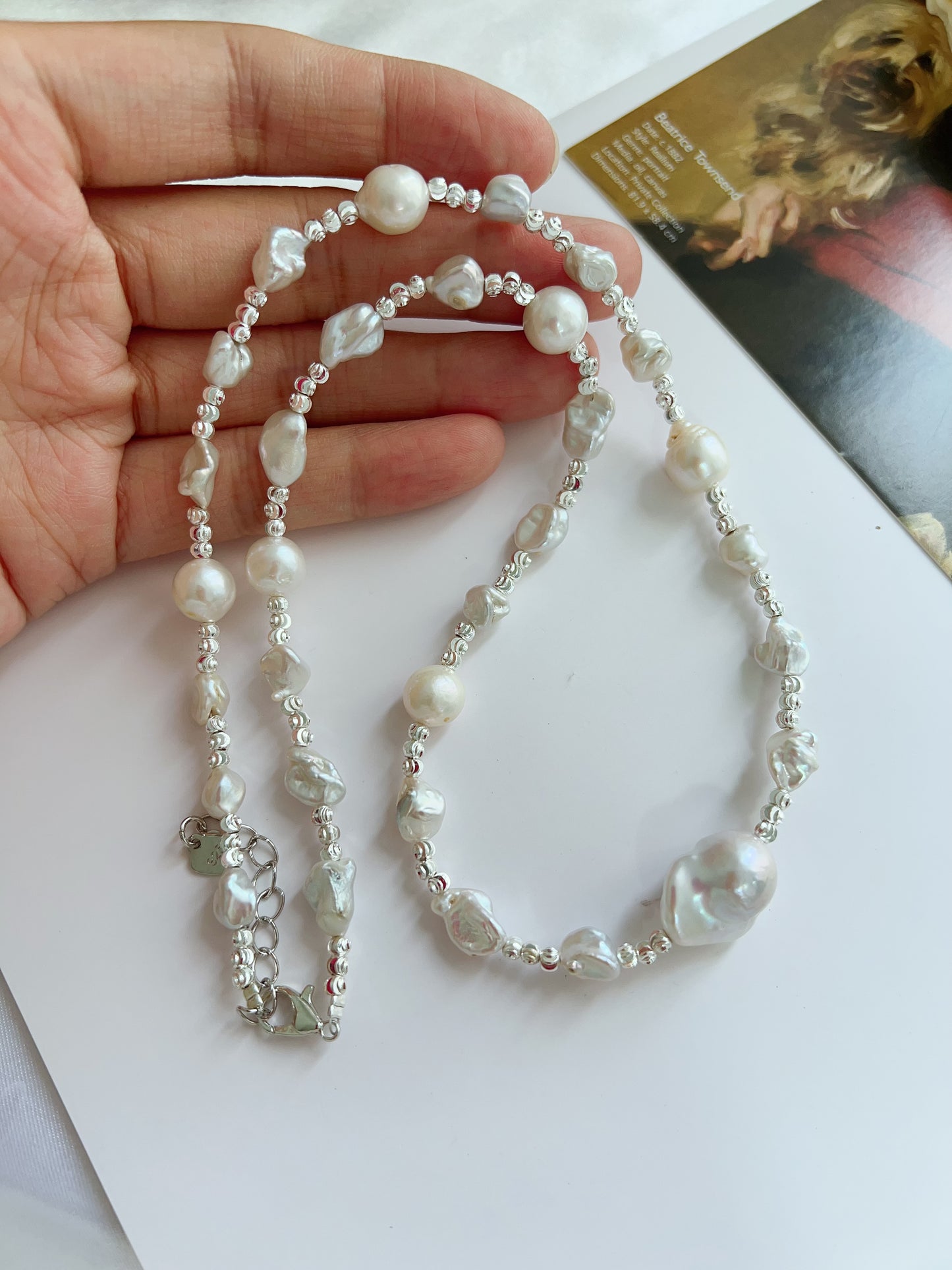 #PN1225 freshwater pearl necklace white princess silver pearl stone fishtail baroque minimalism