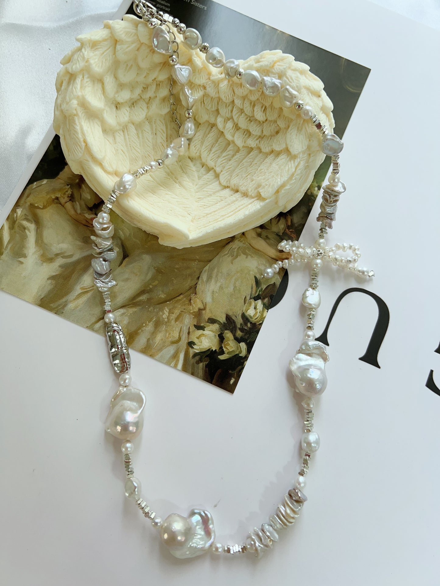 #PN1227 freshwater pearl necklace pearl bow tie silver lustre fishtail baroque layered pearl "chips"