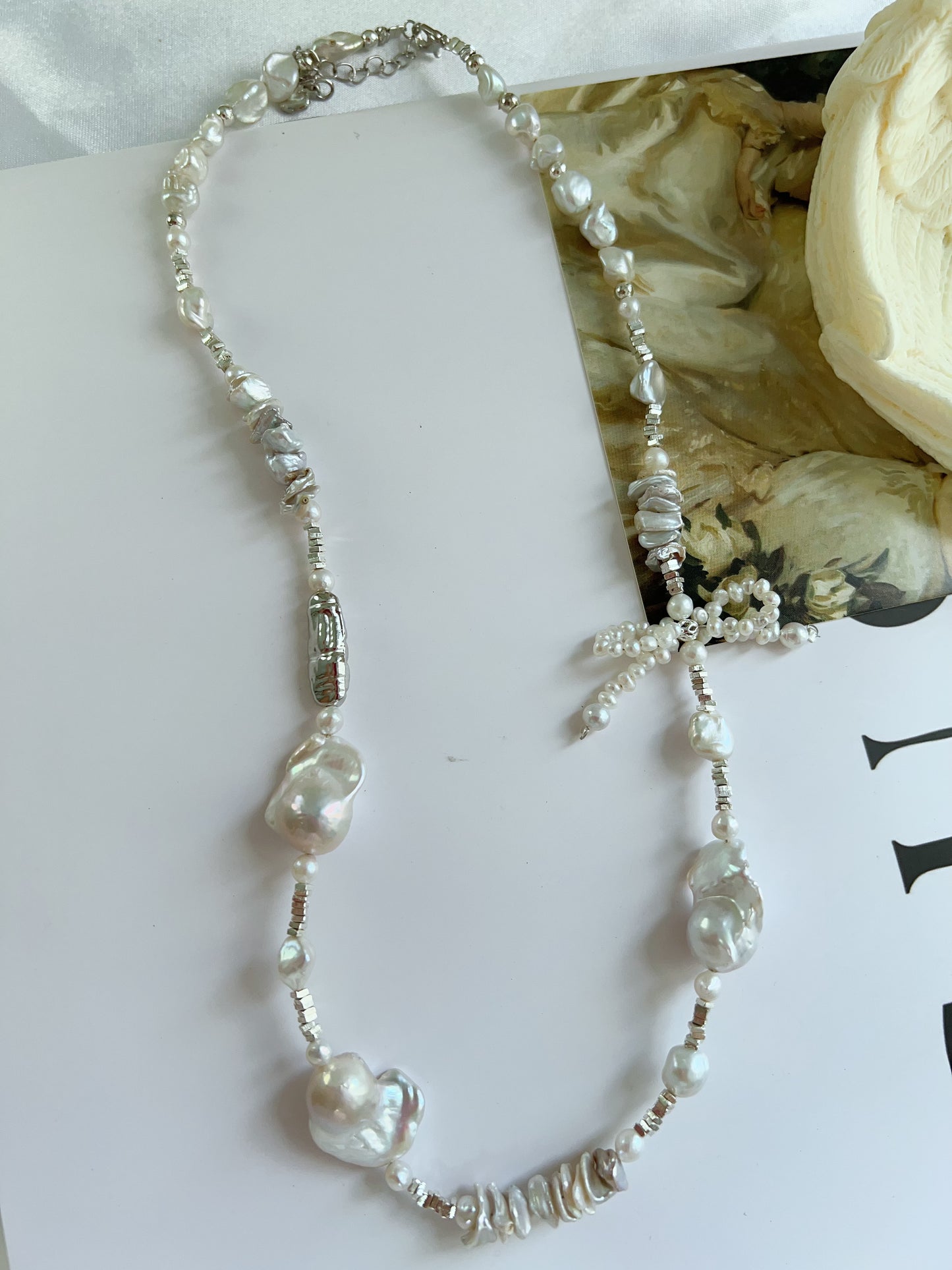 #PN1227 freshwater pearl necklace pearl bow tie silver lustre fishtail baroque layered pearl "chips"
