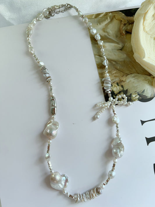 #PN1227 freshwater pearl necklace pearl bow tie silver lustre fishtail baroque layered pearl "chips"