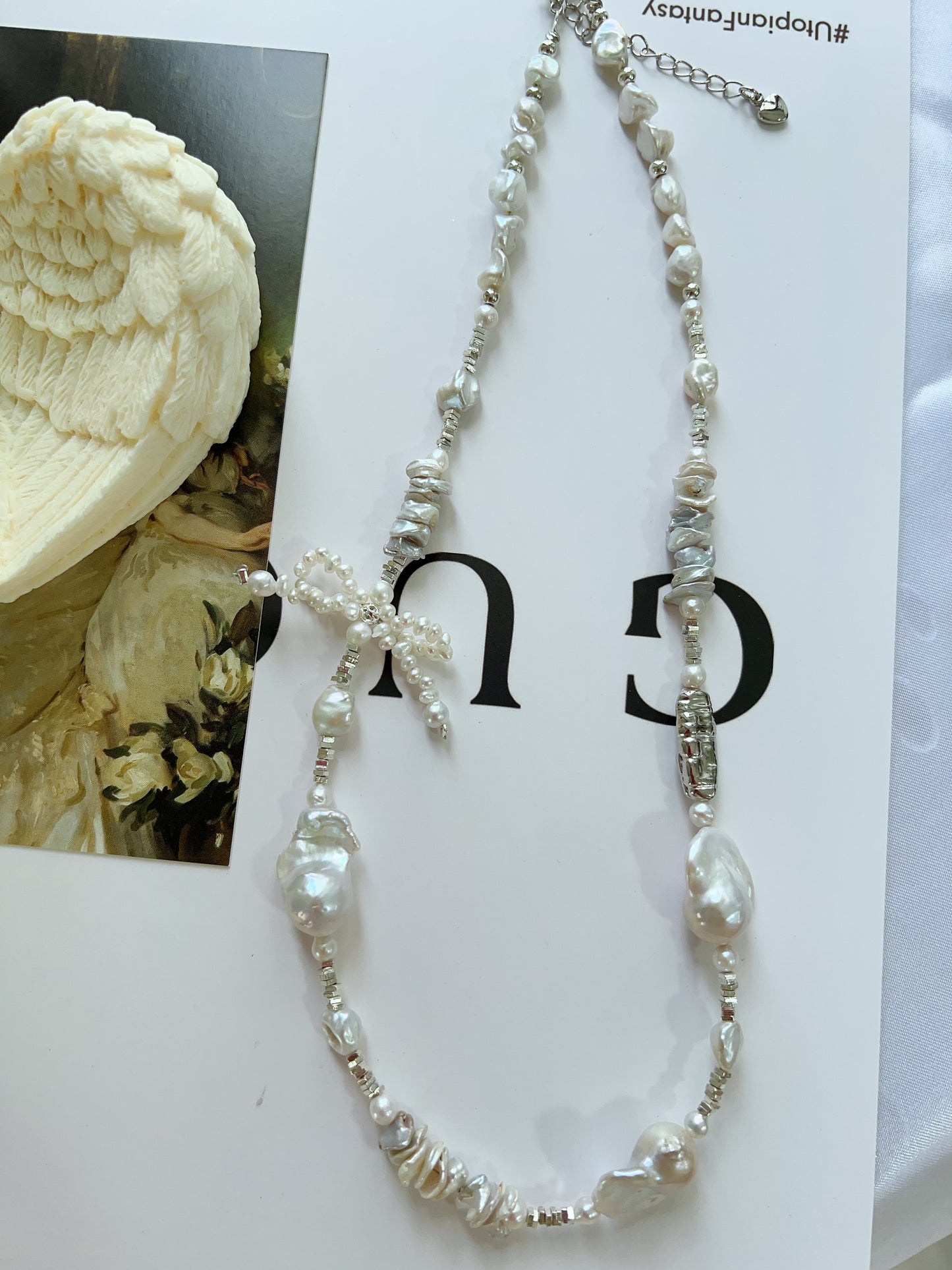 #PN1227 freshwater pearl necklace pearl bow tie silver lustre fishtail baroque layered pearl "chips"