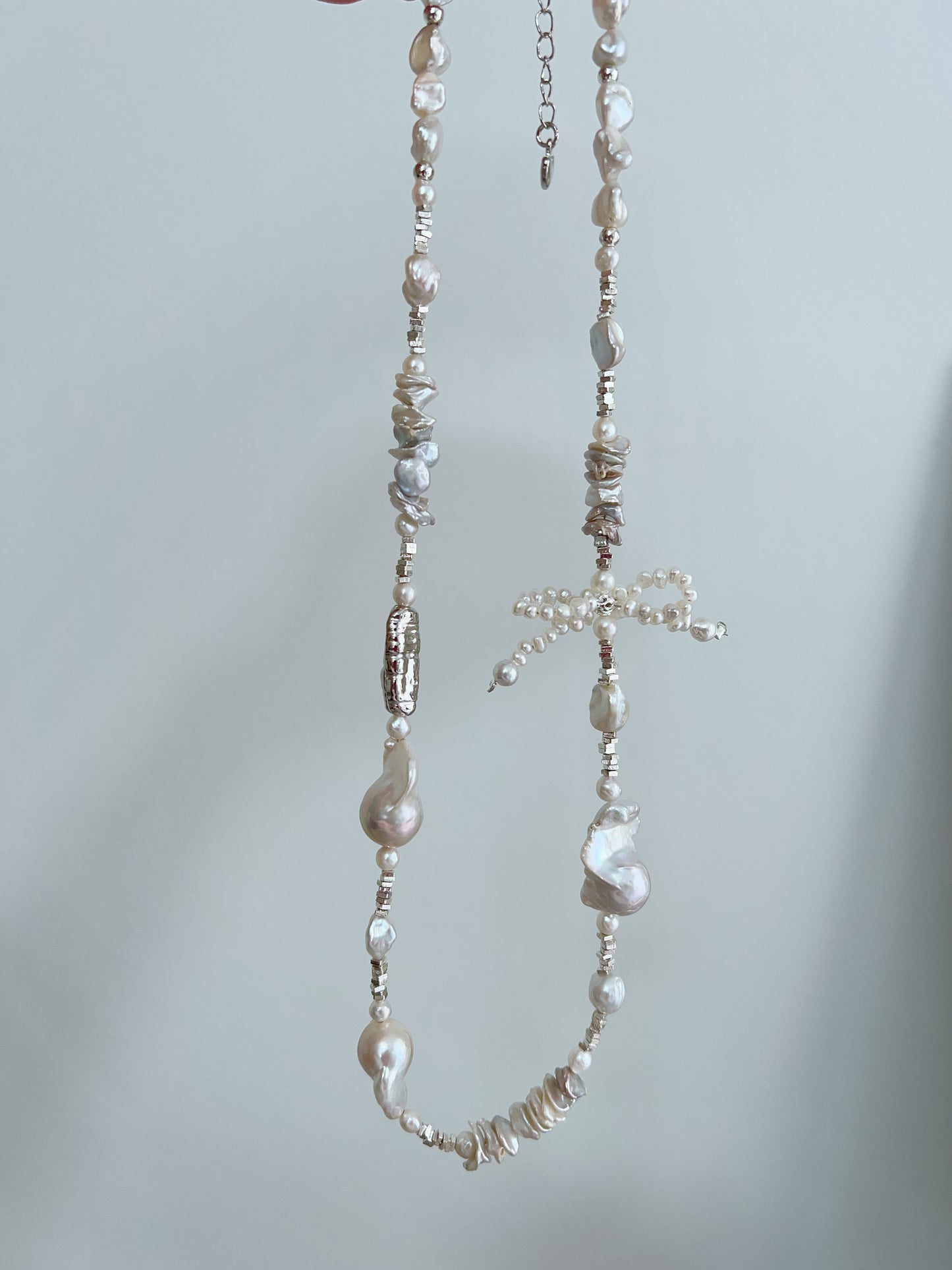 #PN1227 freshwater pearl necklace pearl bow tie silver lustre fishtail baroque layered pearl "chips"