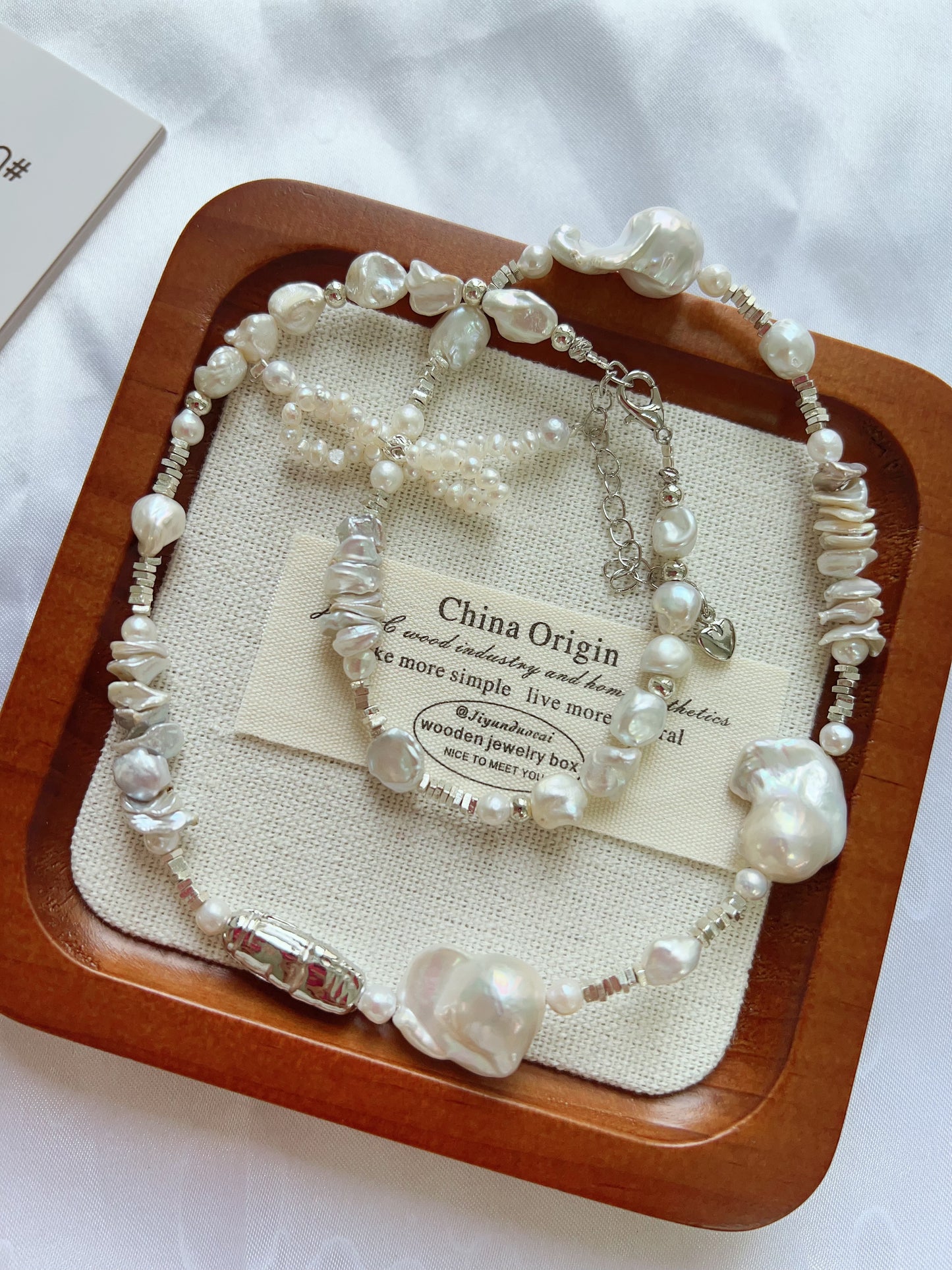 #PN1227 freshwater pearl necklace pearl bow tie silver lustre fishtail baroque layered pearl "chips"