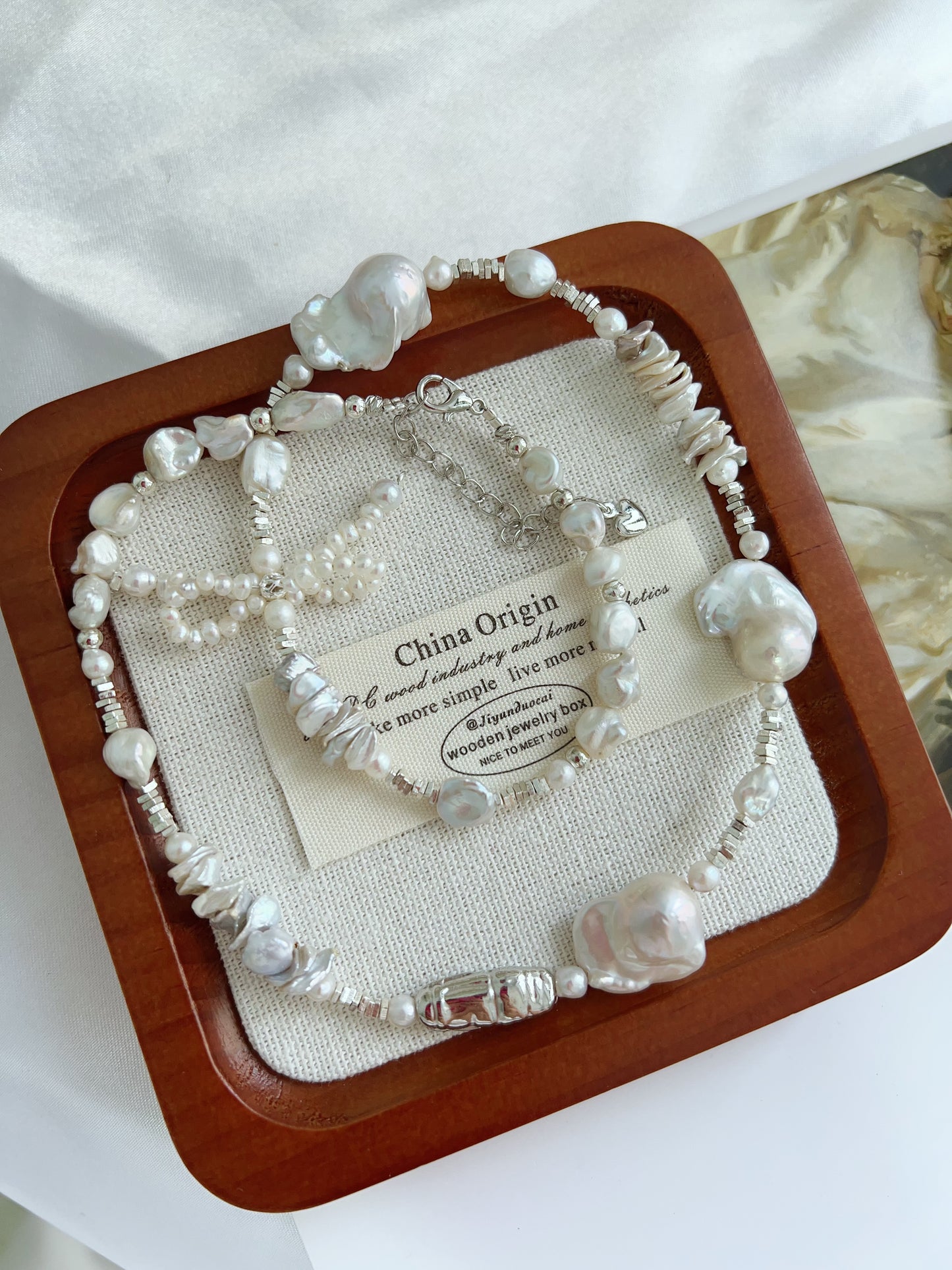 #PN1227 freshwater pearl necklace pearl bow tie silver lustre fishtail baroque layered pearl "chips"