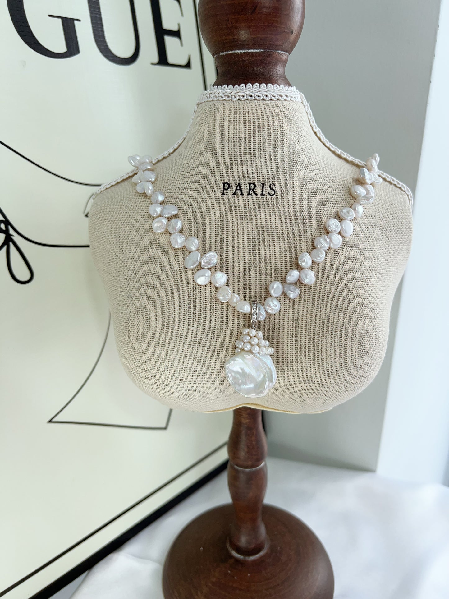 #PN1218 freshwater pearl necklace "petal wearing necklace" flower petal design 23mm big removable pendant s925 silver hardware 40cm + extension excellent lustre rare