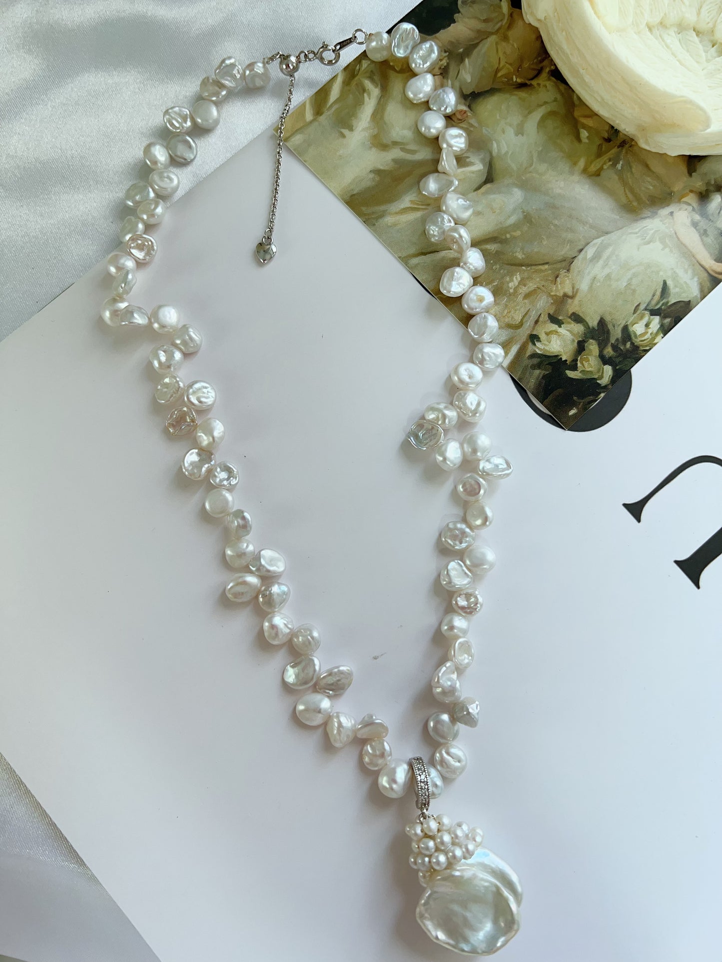 #PN1218 freshwater pearl necklace "petal wearing necklace" flower petal design 23mm big removable pendant s925 silver hardware 40cm + extension excellent lustre rare