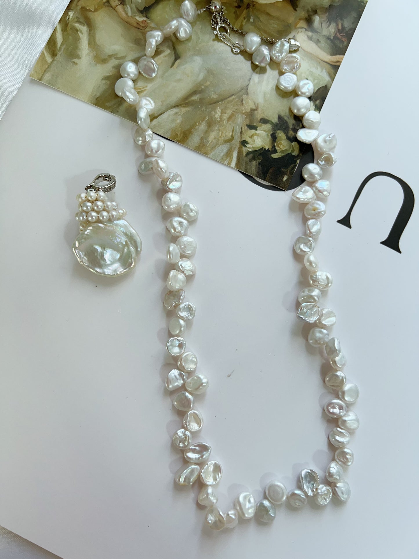 #PN1218 freshwater pearl necklace "petal wearing necklace" flower petal design 23mm big removable pendant s925 silver hardware 40cm + extension excellent lustre rare
