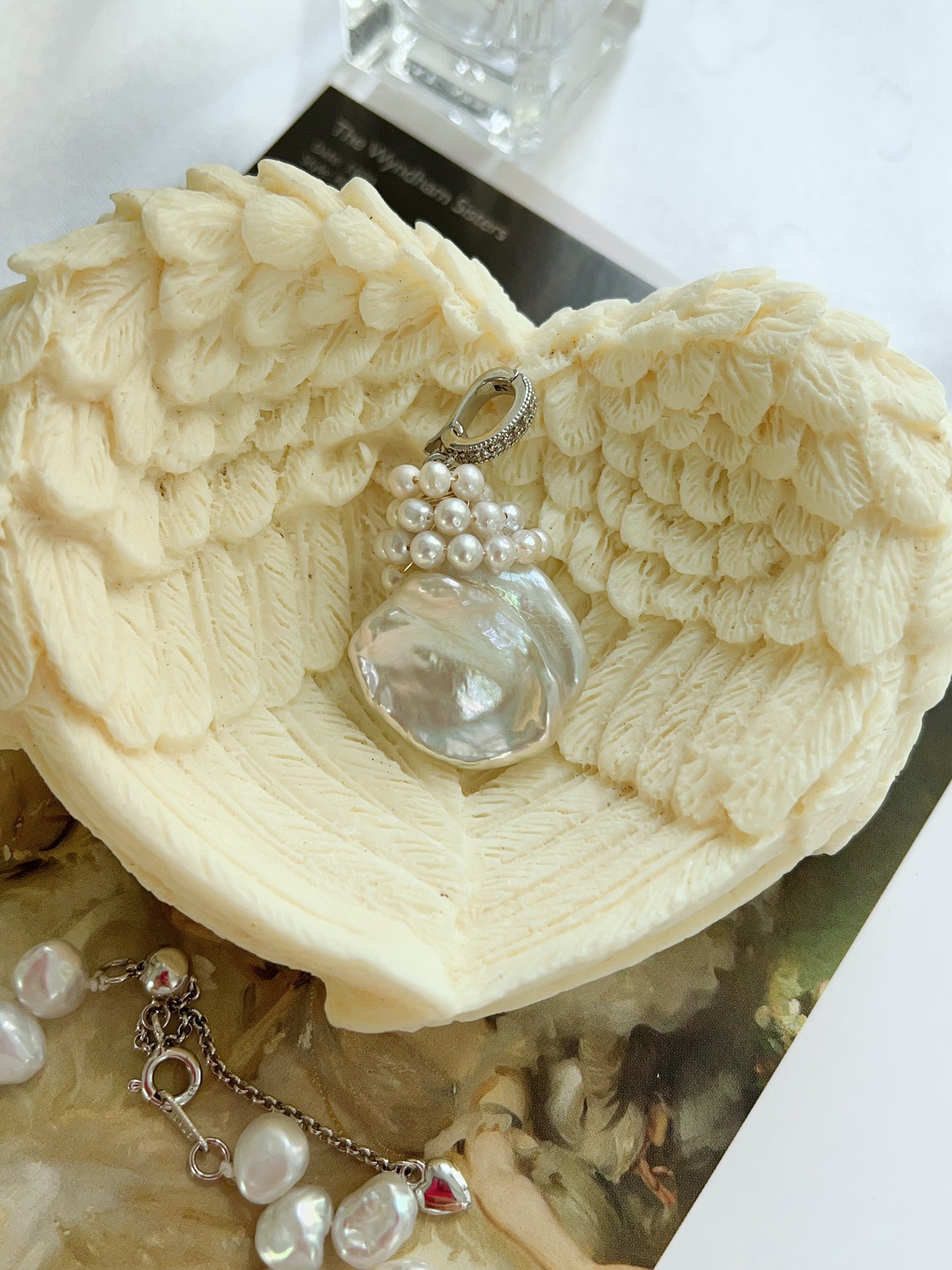 #PN1218 freshwater pearl necklace "petal wearing necklace" flower petal design 23mm big removable pendant s925 silver hardware 40cm + extension excellent lustre rare