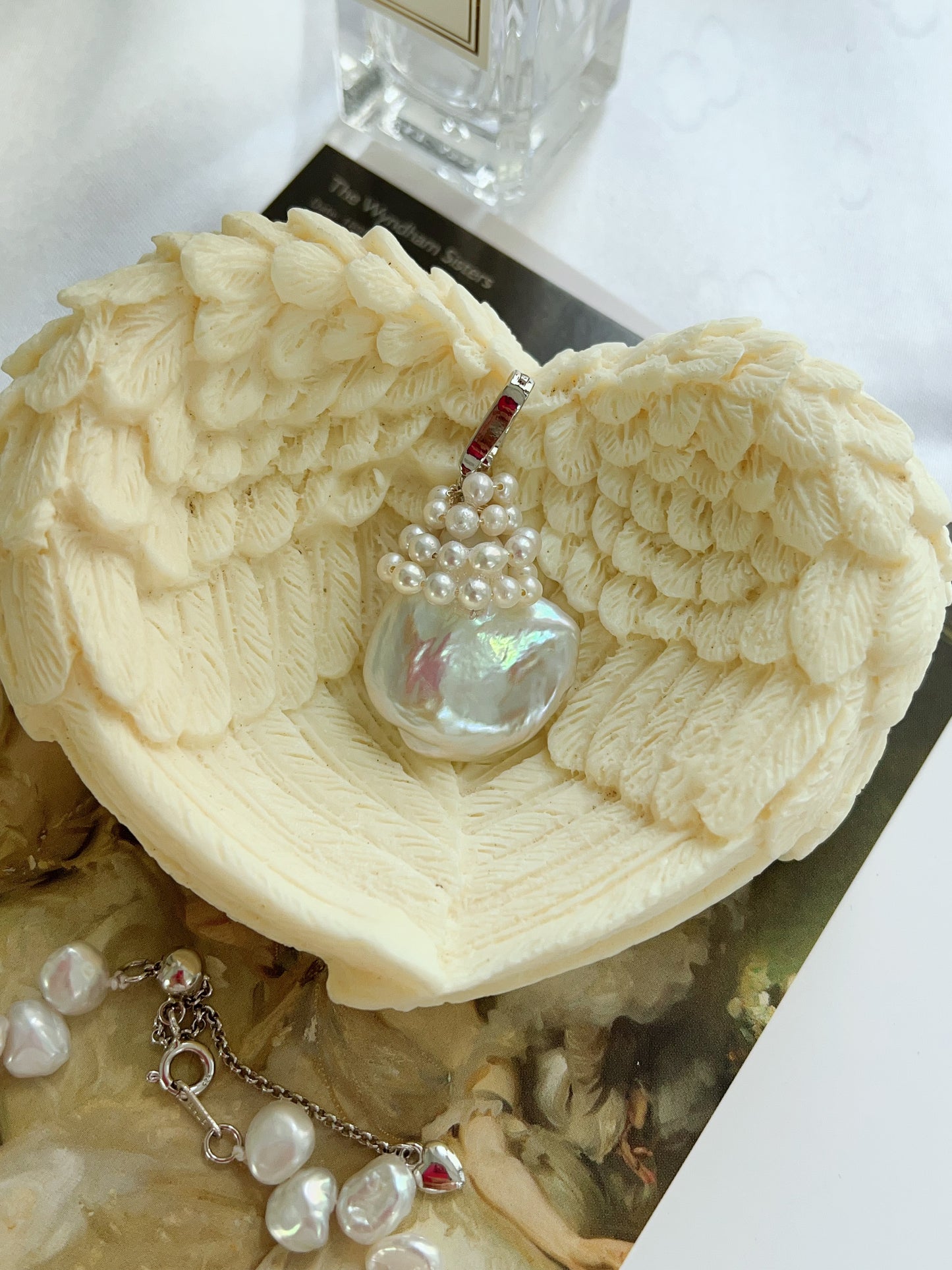 #PN1218 freshwater pearl necklace "petal wearing necklace" flower petal design 23mm big removable pendant s925 silver hardware 40cm + extension excellent lustre rare