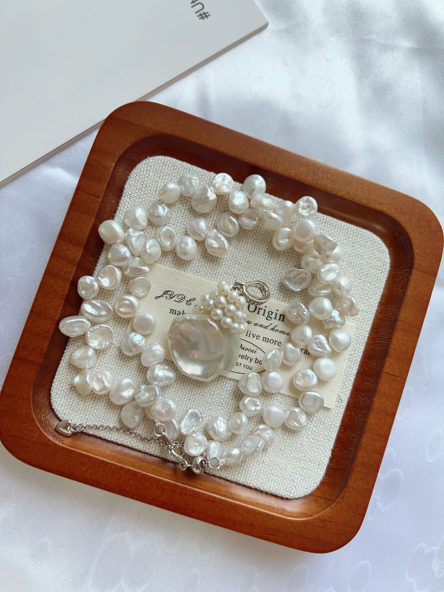 #PN1218 freshwater pearl necklace "petal wearing necklace" flower petal design 23mm big removable pendant s925 silver hardware 40cm + extension excellent lustre rare
