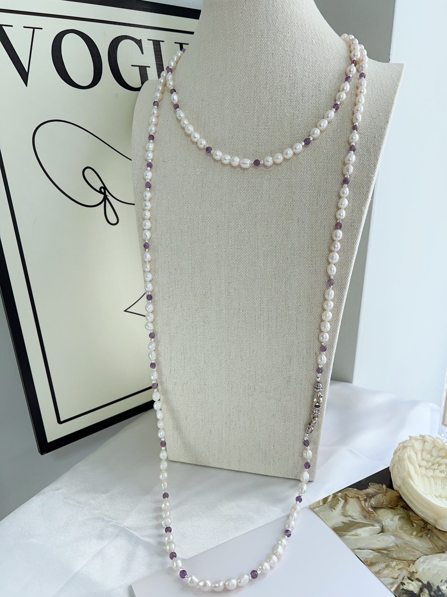 #PN1232 freshwater pearl necklace 162cm super long lustrous small baroque pearl amethyst multiple way of wearing