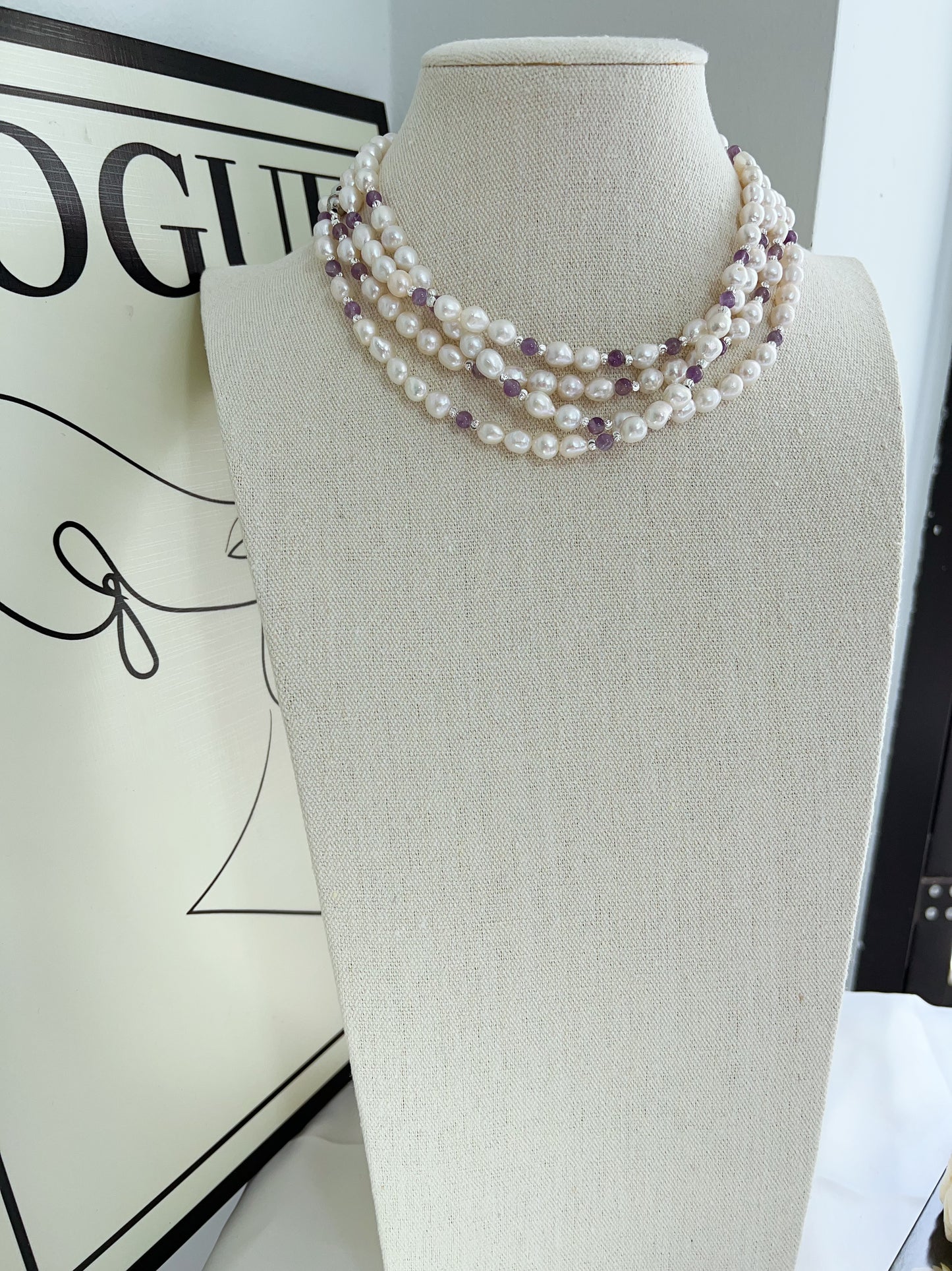 #PN1232 freshwater pearl necklace 162cm super long lustrous small baroque pearl amethyst multiple way of wearing