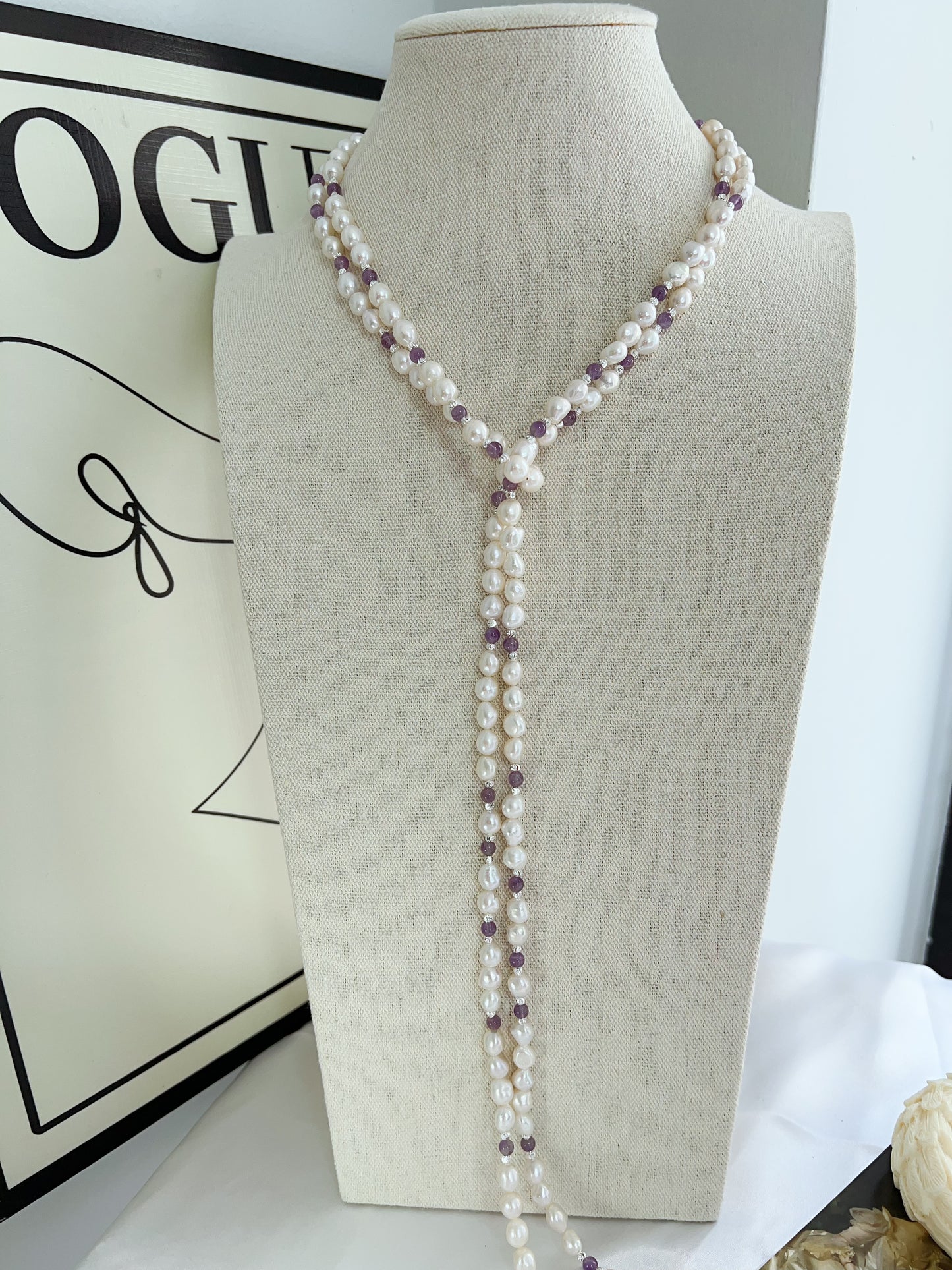 #PN1232 freshwater pearl necklace 162cm super long lustrous small baroque pearl amethyst multiple way of wearing