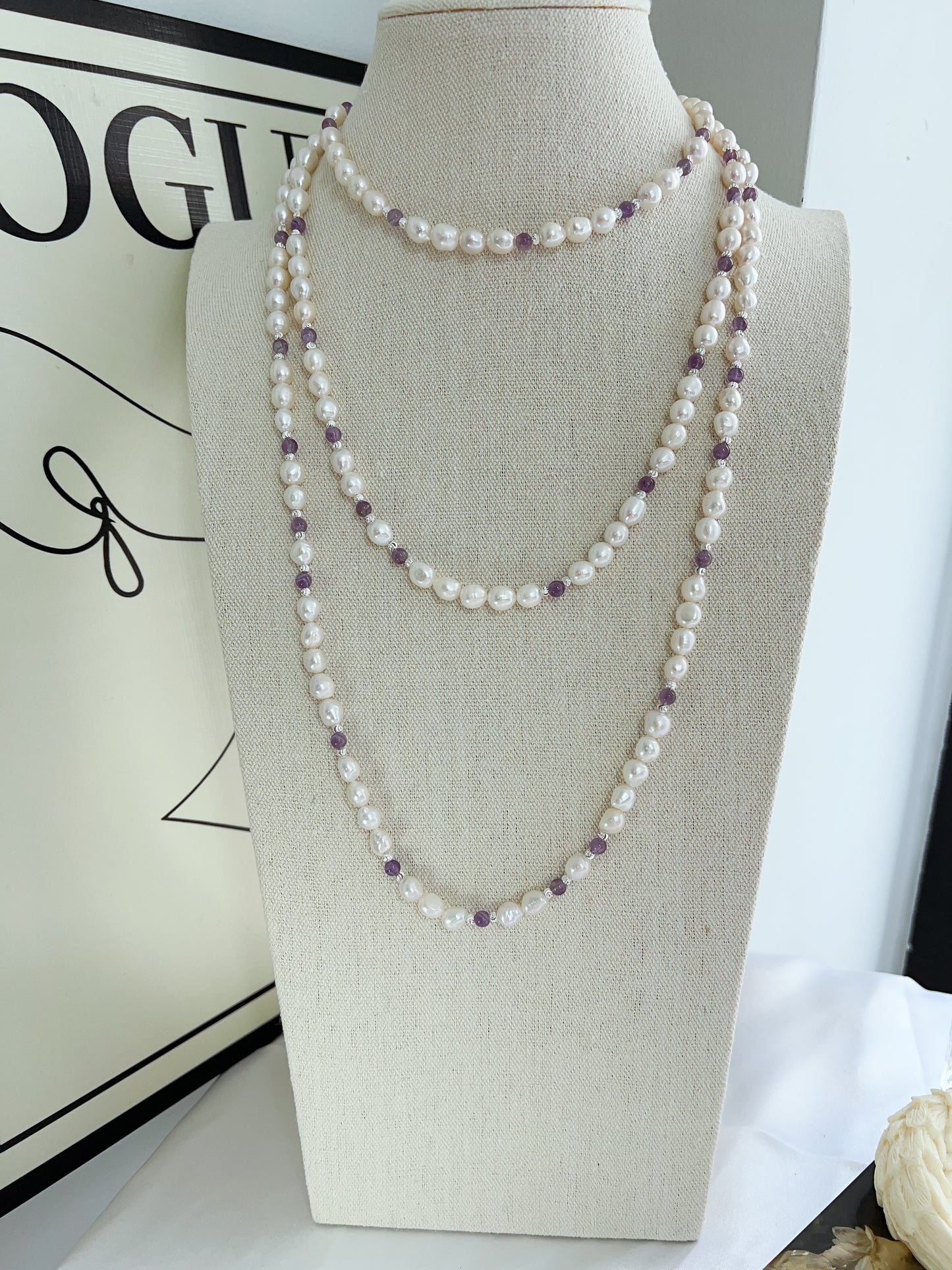 #PN1232 freshwater pearl necklace 162cm super long lustrous small baroque pearl amethyst multiple way of wearing