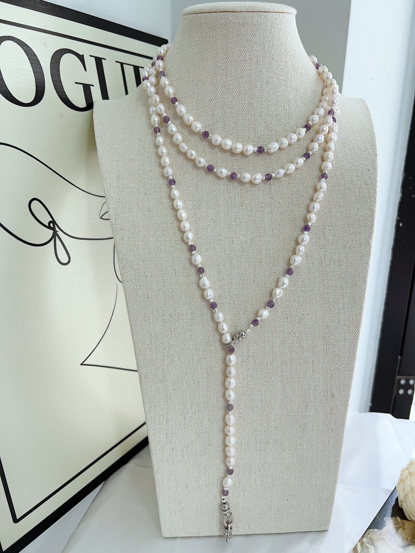 #PN1232 freshwater pearl necklace 162cm super long lustrous small baroque pearl amethyst multiple way of wearing