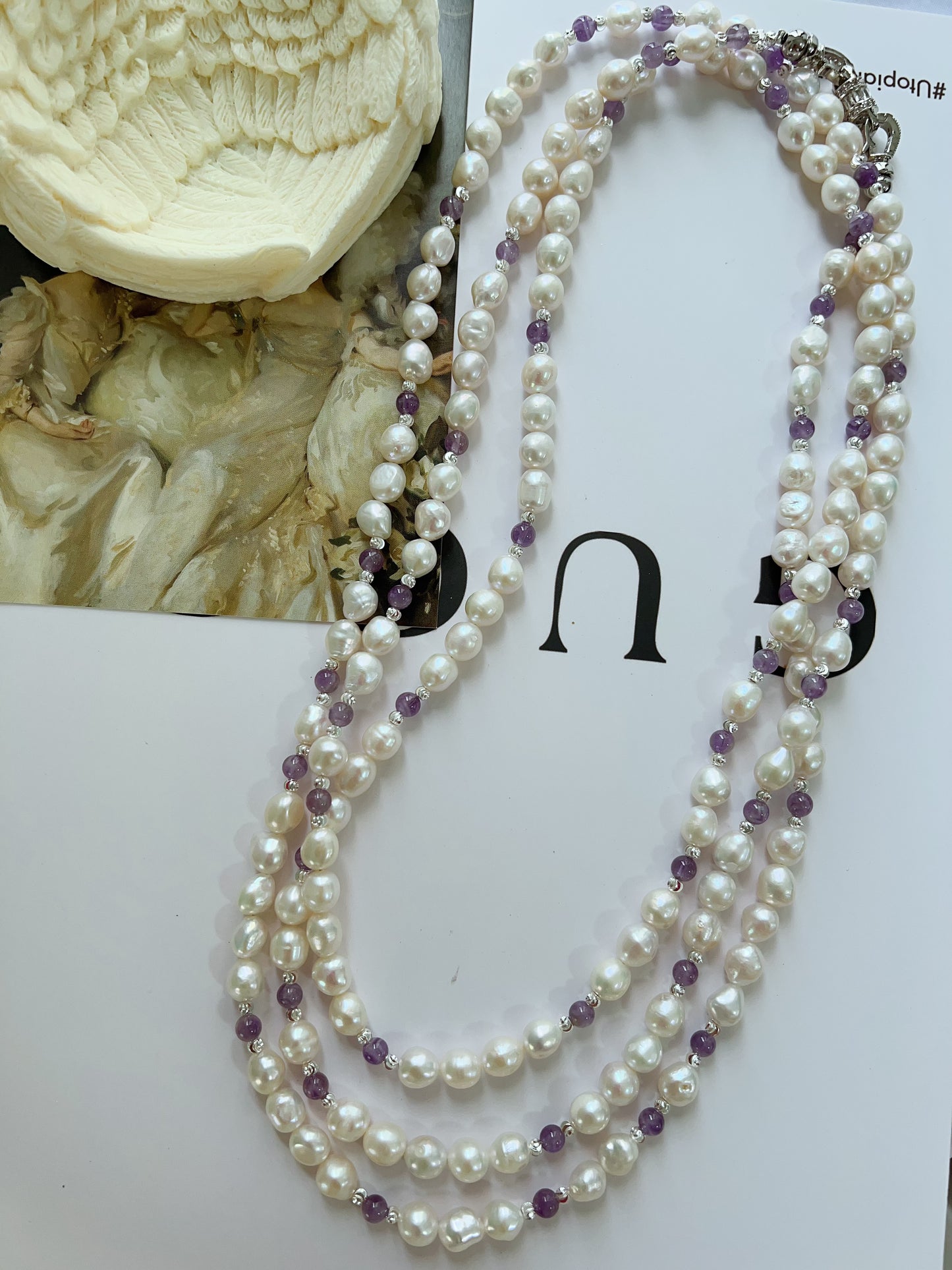 #PN1232 freshwater pearl necklace 162cm super long lustrous small baroque pearl amethyst multiple way of wearing