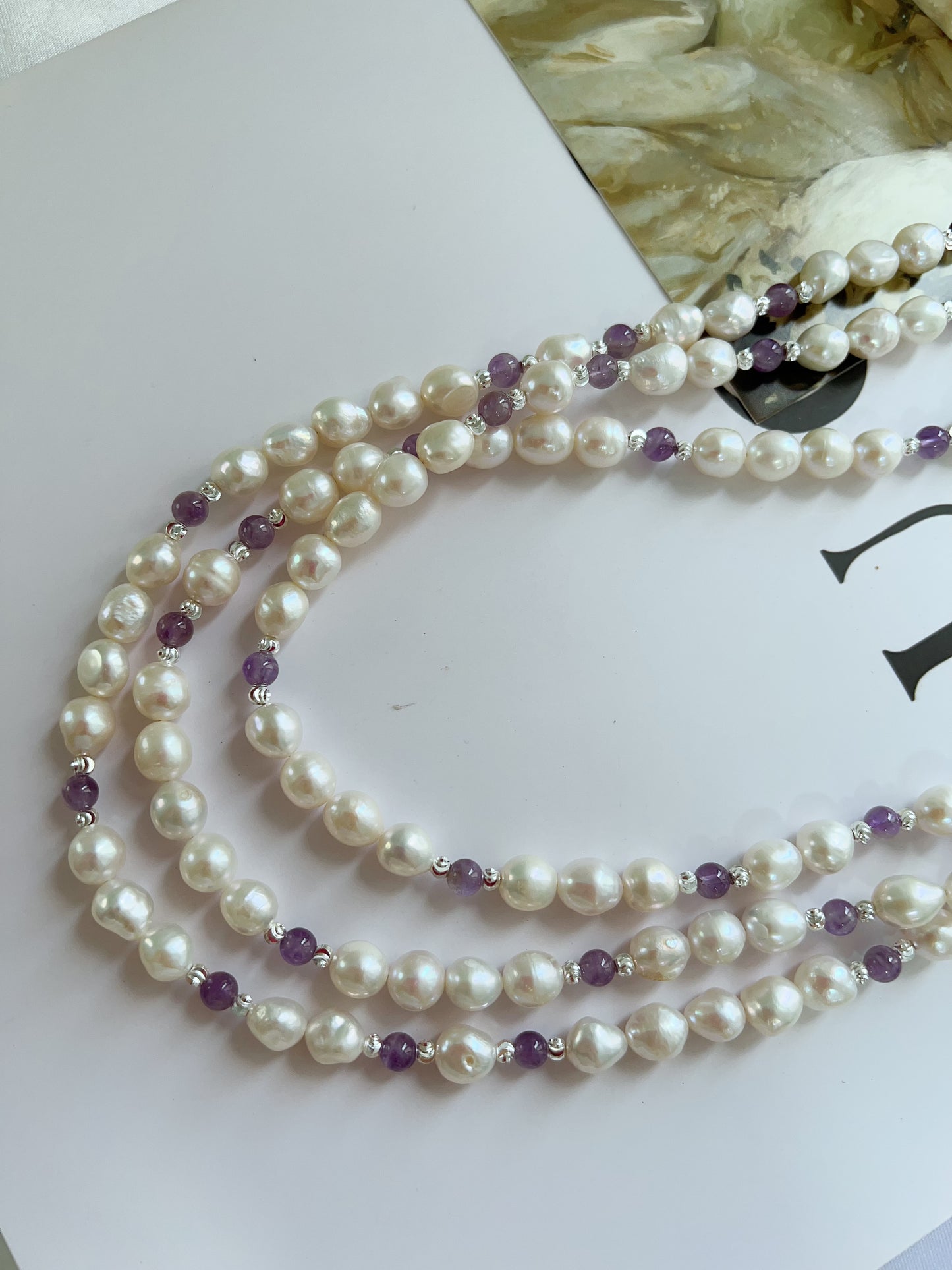#PN1232 freshwater pearl necklace 162cm super long lustrous small baroque pearl amethyst multiple way of wearing