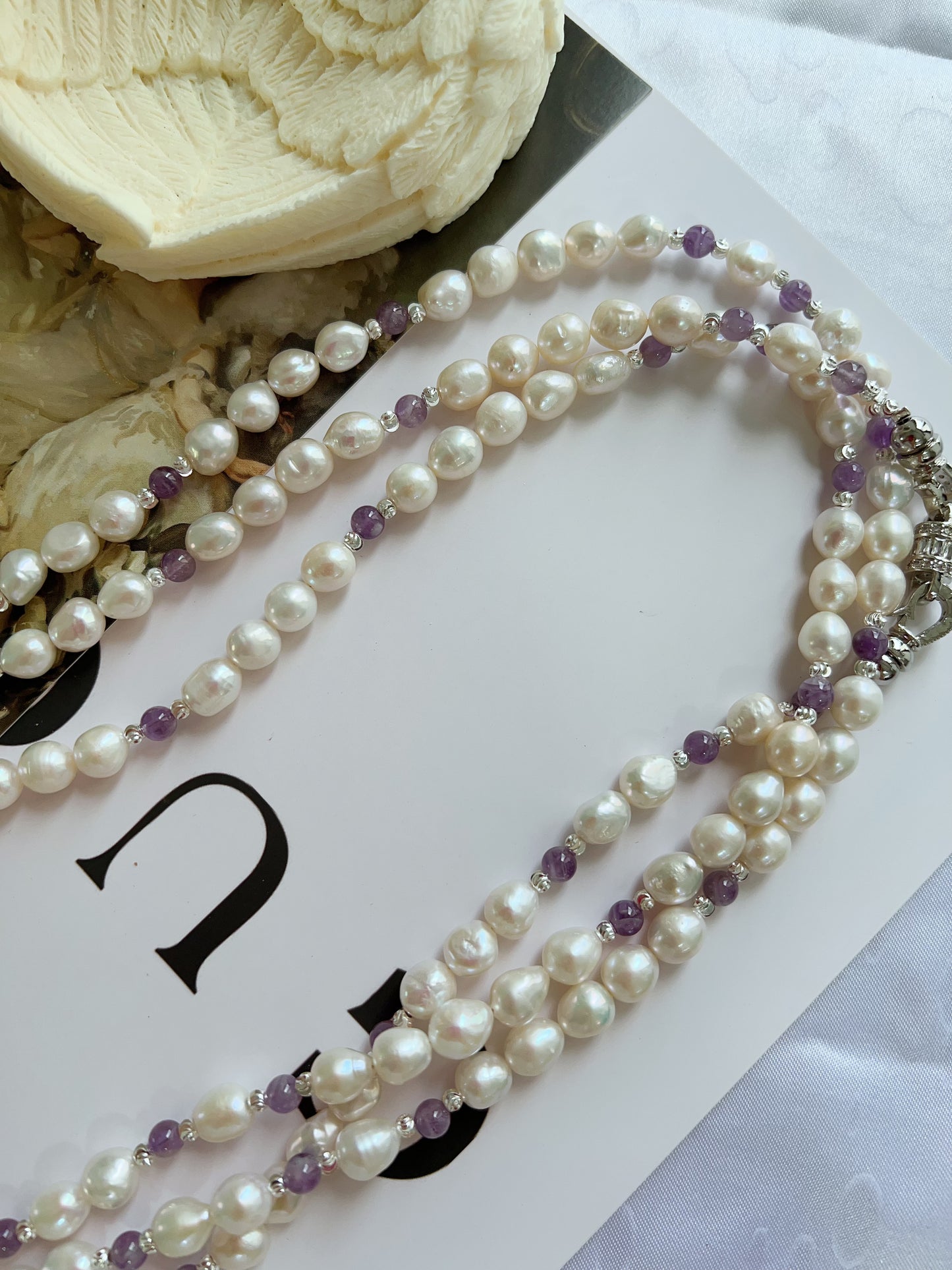#PN1232 freshwater pearl necklace 162cm super long lustrous small baroque pearl amethyst multiple way of wearing