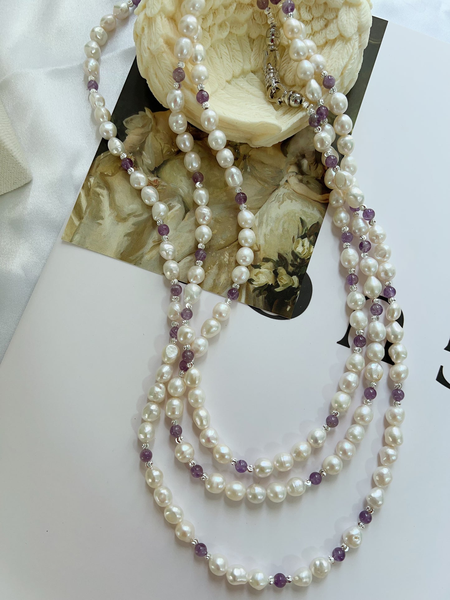 #PN1232 freshwater pearl necklace 162cm super long lustrous small baroque pearl amethyst multiple way of wearing