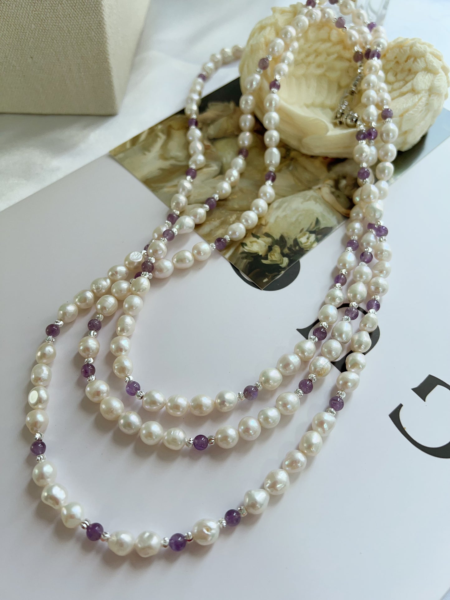 #PN1232 freshwater pearl necklace 162cm super long lustrous small baroque pearl amethyst multiple way of wearing