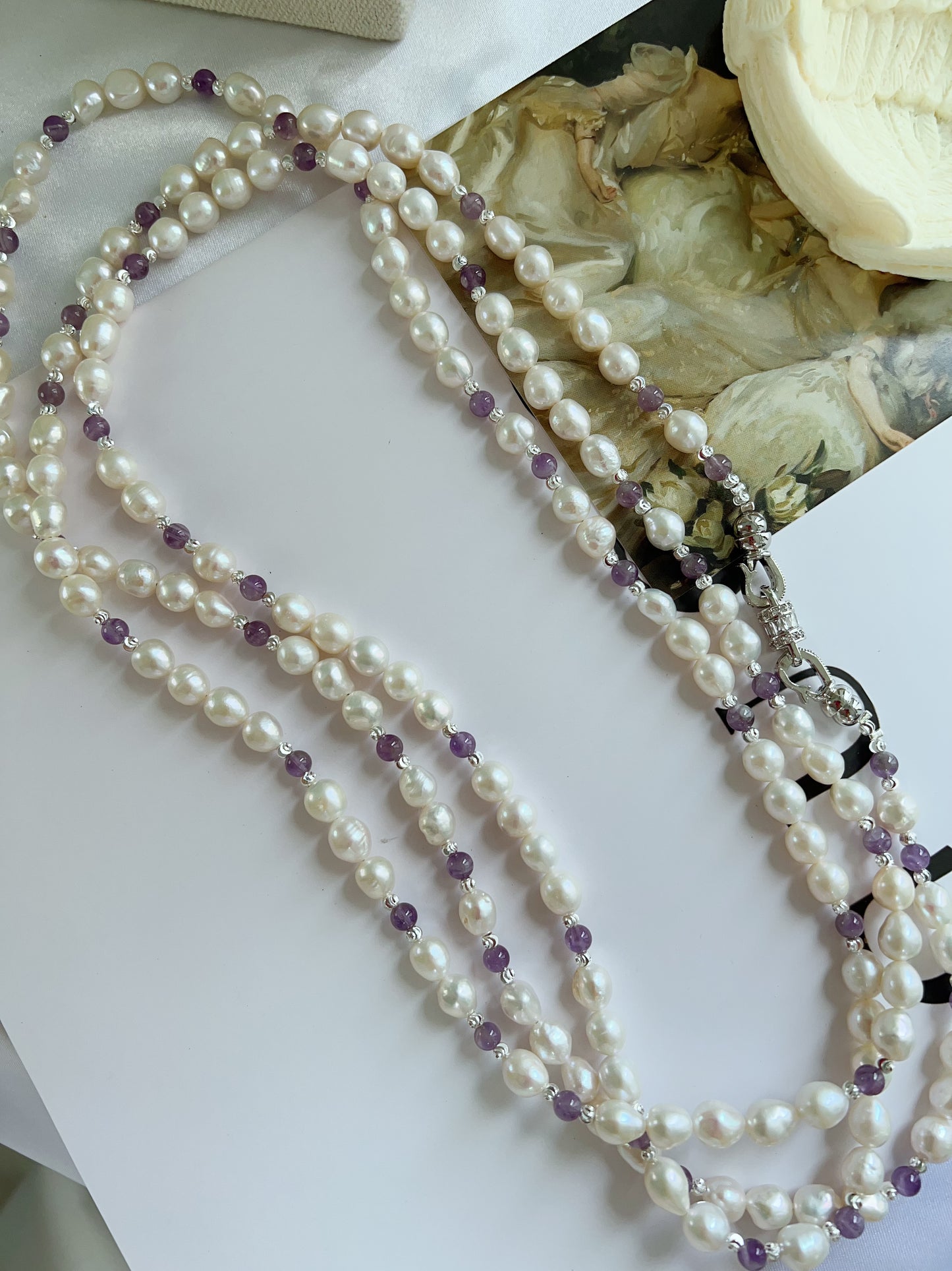 #PN1232 freshwater pearl necklace 162cm super long lustrous small baroque pearl amethyst multiple way of wearing