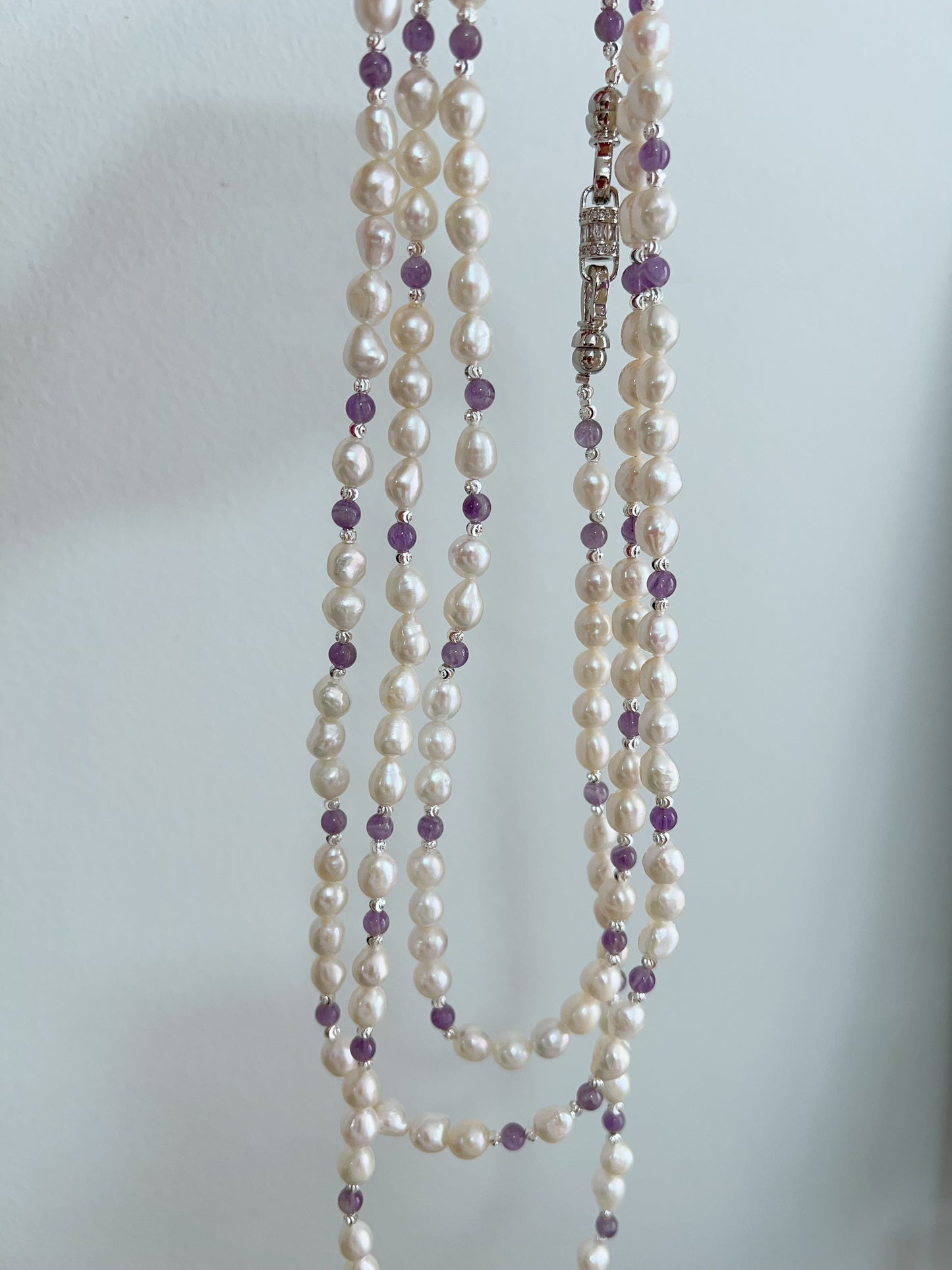 #PN1232 freshwater pearl necklace 162cm super long lustrous small baroque pearl amethyst multiple way of wearing