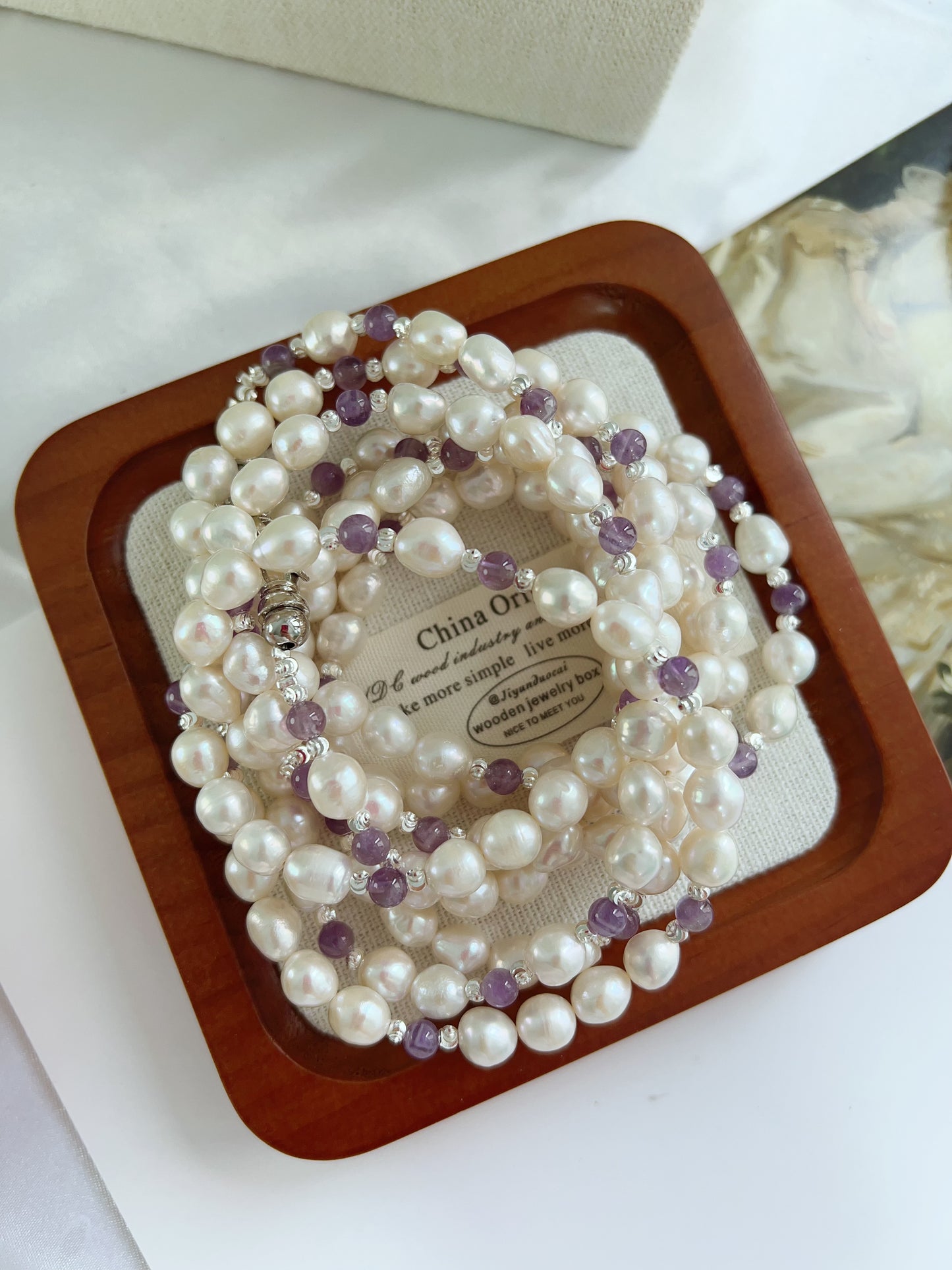 #PN1232 freshwater pearl necklace 162cm super long lustrous small baroque pearl amethyst multiple way of wearing