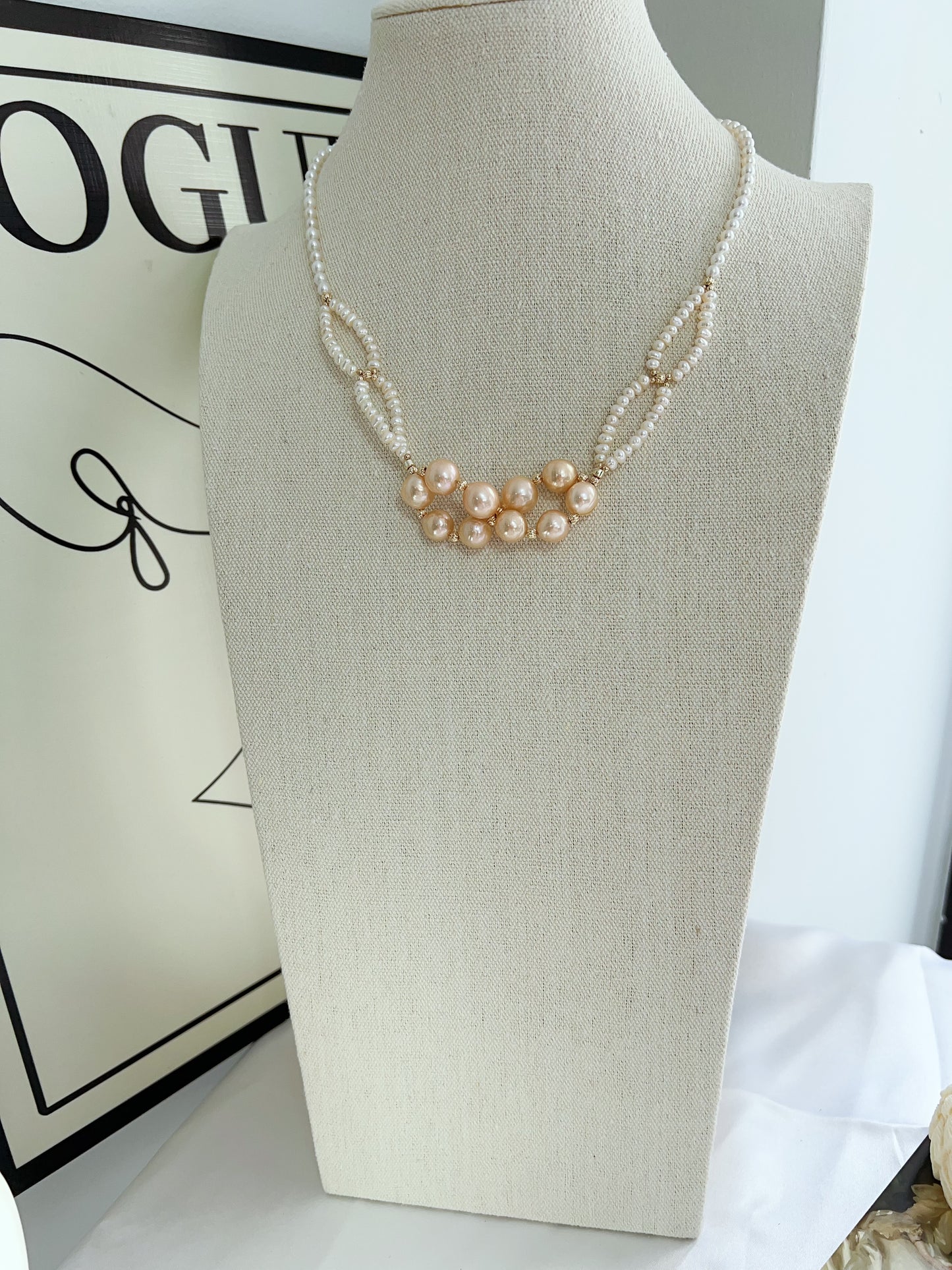 #PN1219 freshwater pearl necklace 50cm connecting circles design braided 2-layered lustrous
