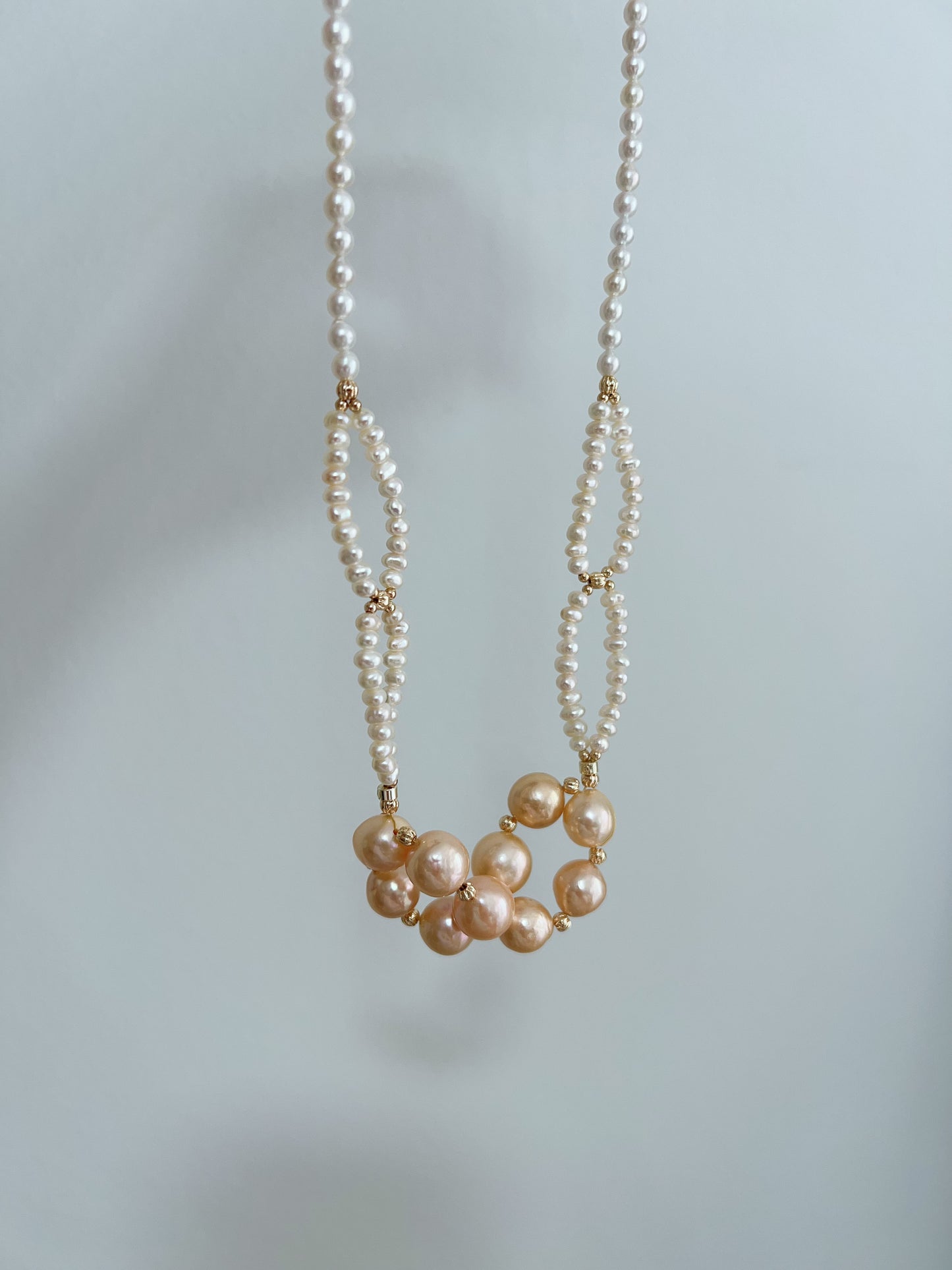 #PN1219 freshwater pearl necklace 50cm connecting circles design braided 2-layered lustrous