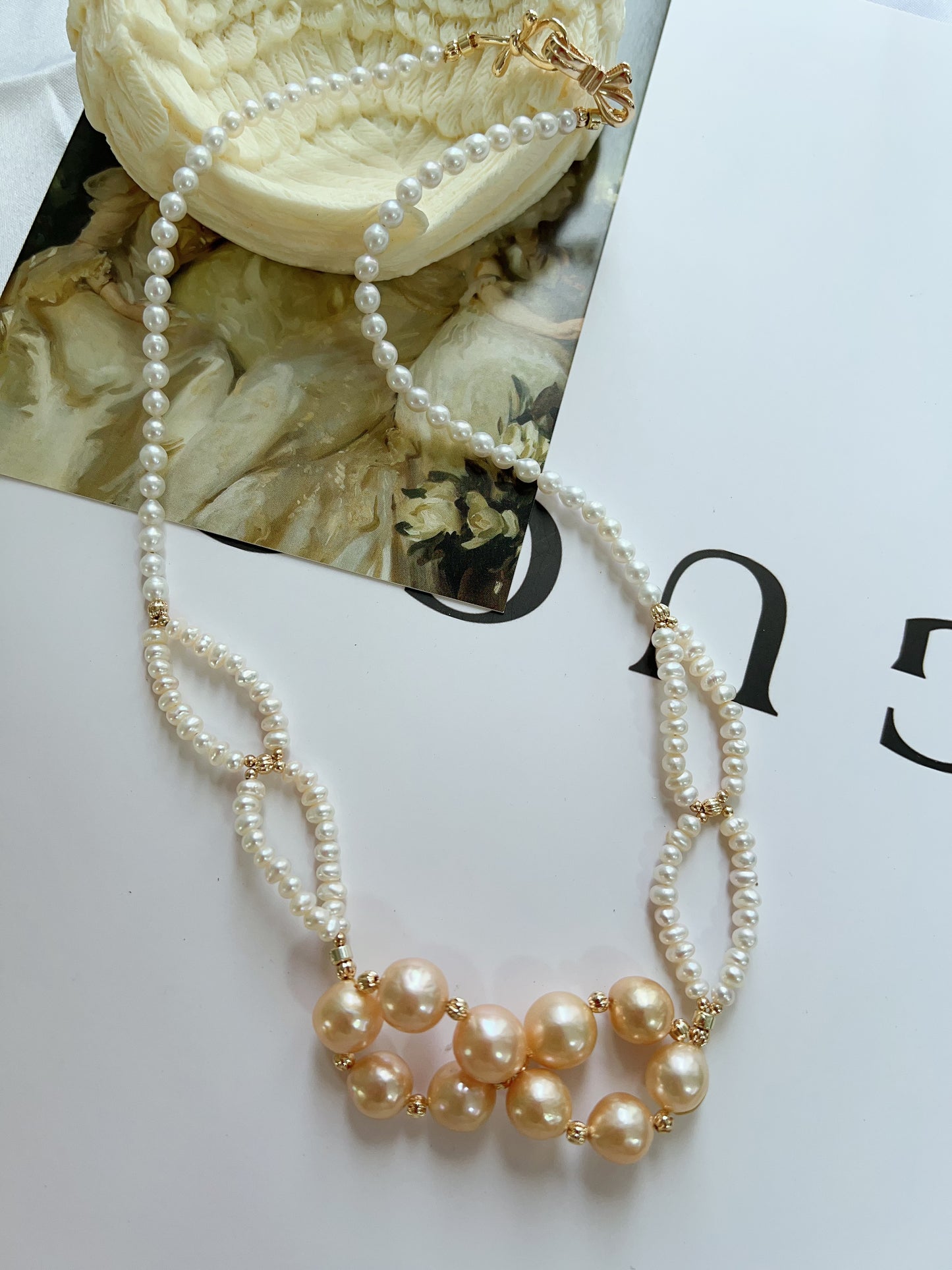 #PN1219 freshwater pearl necklace 50cm connecting circles design braided 2-layered lustrous