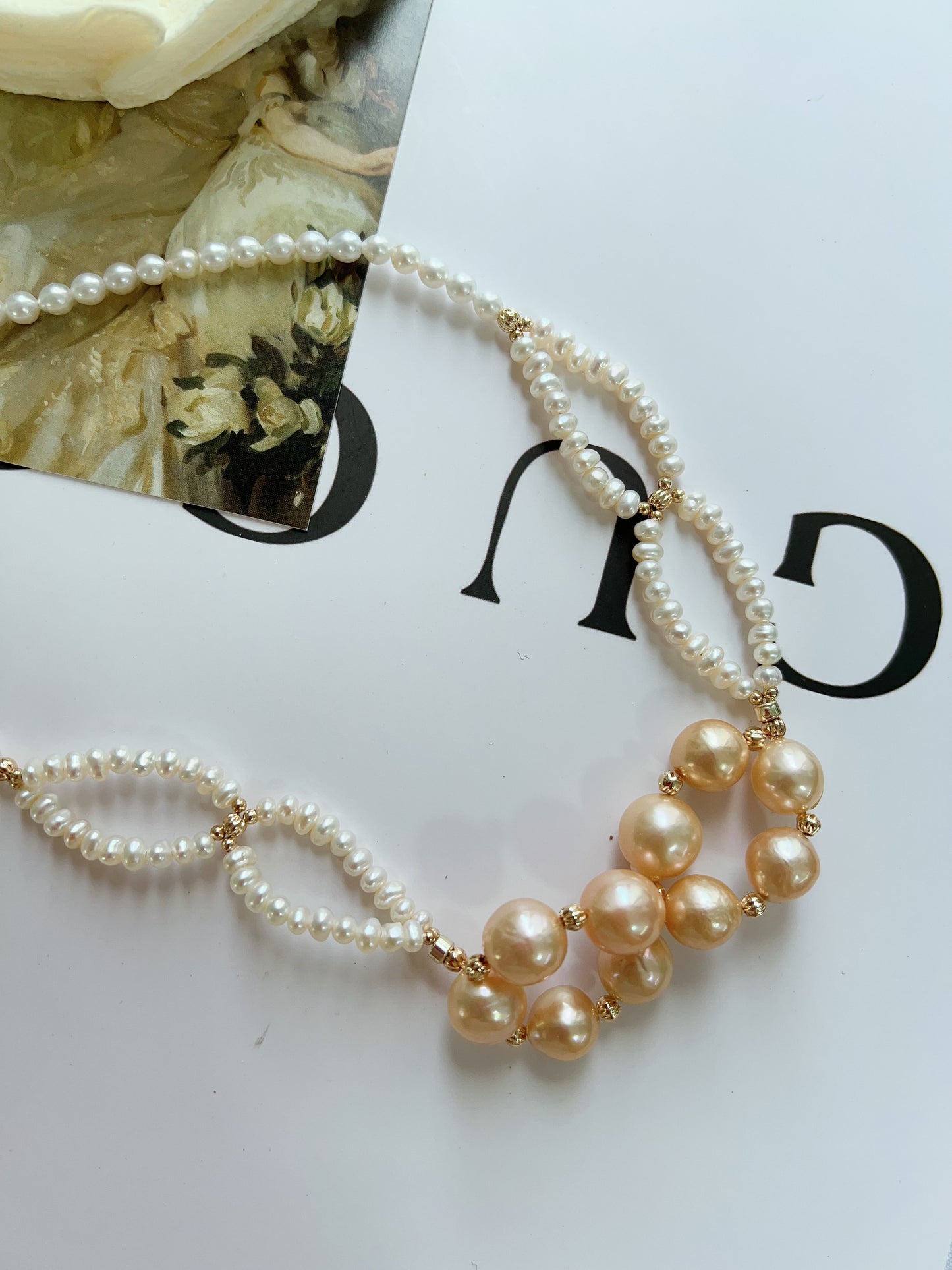 #PN1219 freshwater pearl necklace 50cm connecting circles design braided 2-layered lustrous