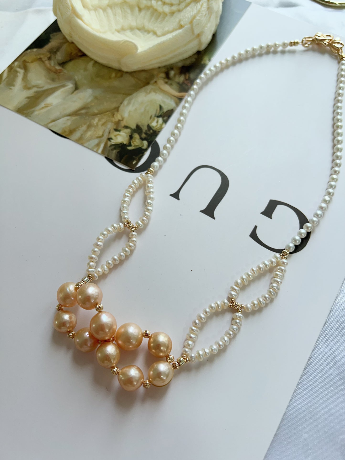 #PN1219 freshwater pearl necklace 50cm connecting circles design braided 2-layered lustrous