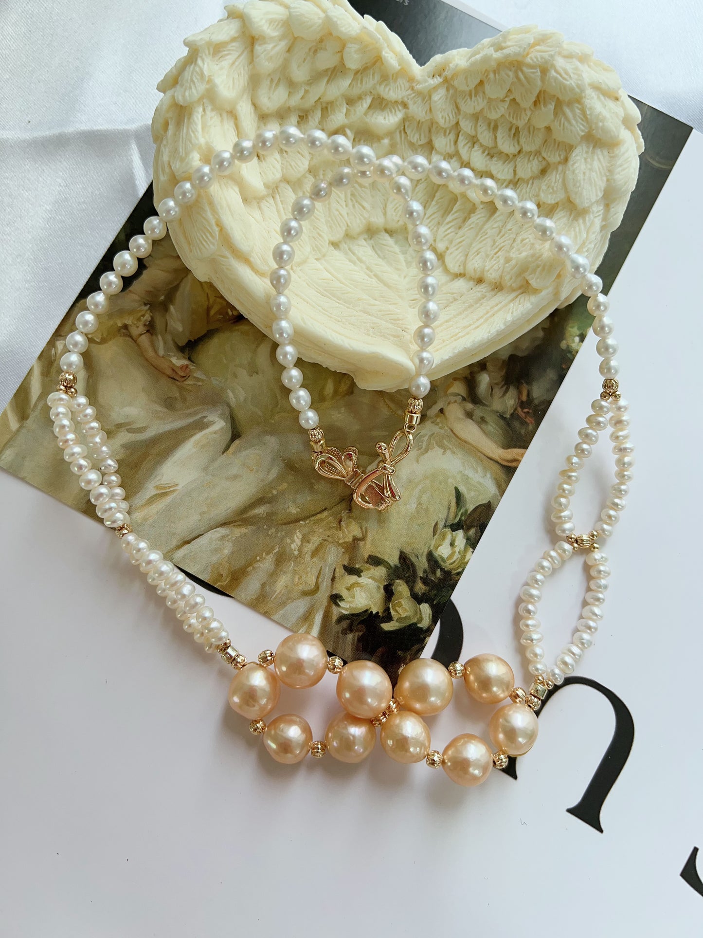 #PN1219 freshwater pearl necklace 50cm connecting circles design braided 2-layered lustrous