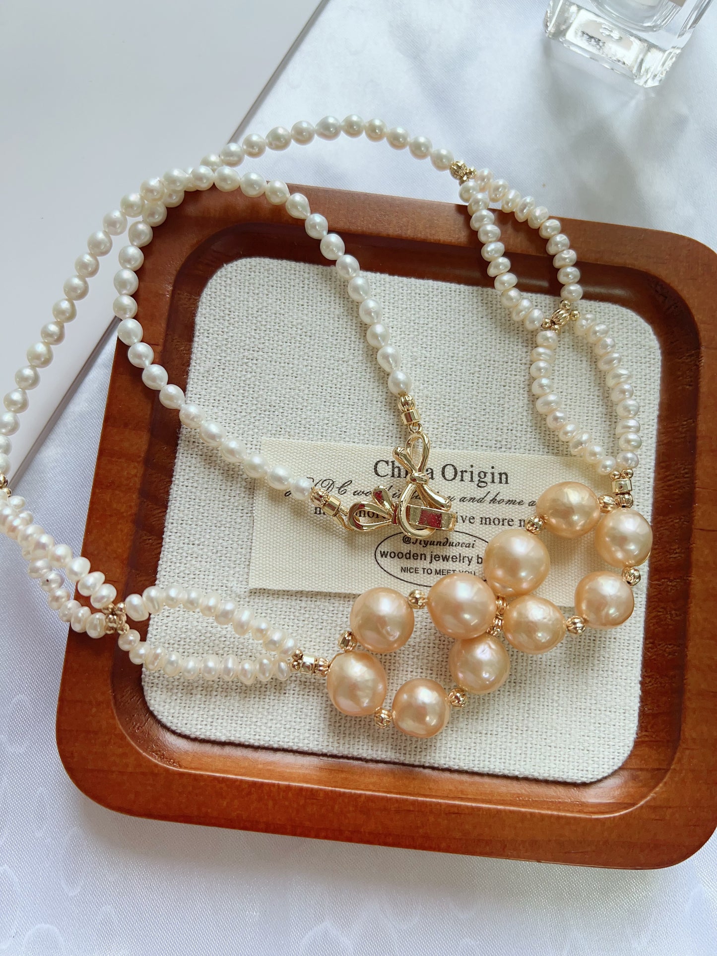 #PN1219 freshwater pearl necklace 50cm connecting circles design braided 2-layered lustrous